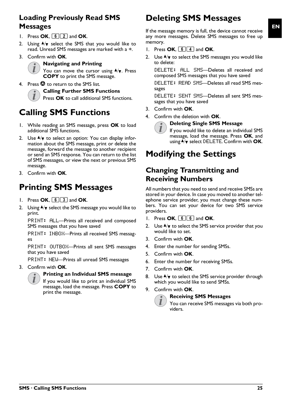 Philips PPF 725 Calling SMS Functions, Printing SMS Messages, Deleting SMS Messages, Loading Previously Read SMS Messages 