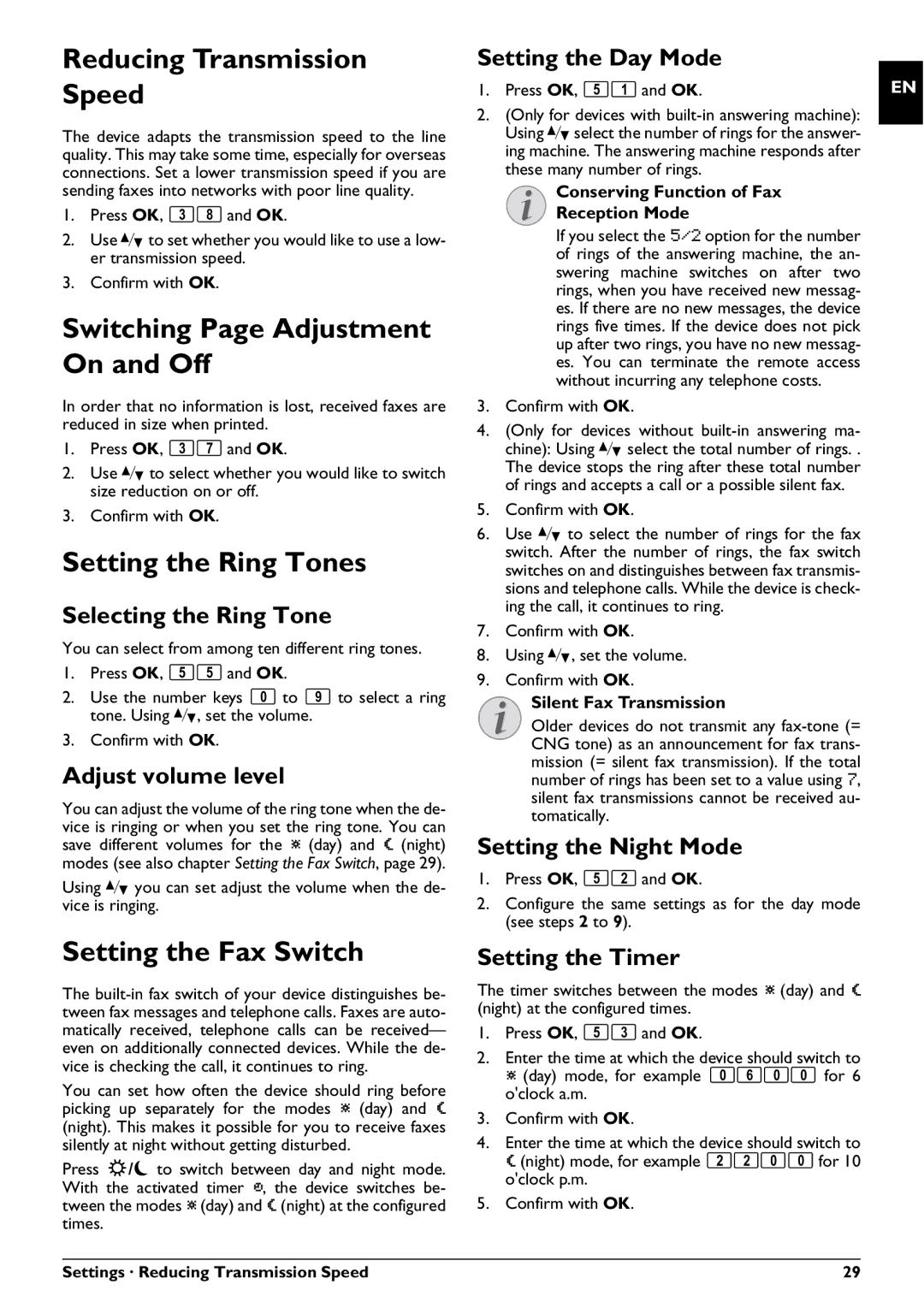 Philips PPF 725, PPF 755 Reducing Transmission Speed, Switching Page Adjustment On and Off, Setting the Ring Tones 