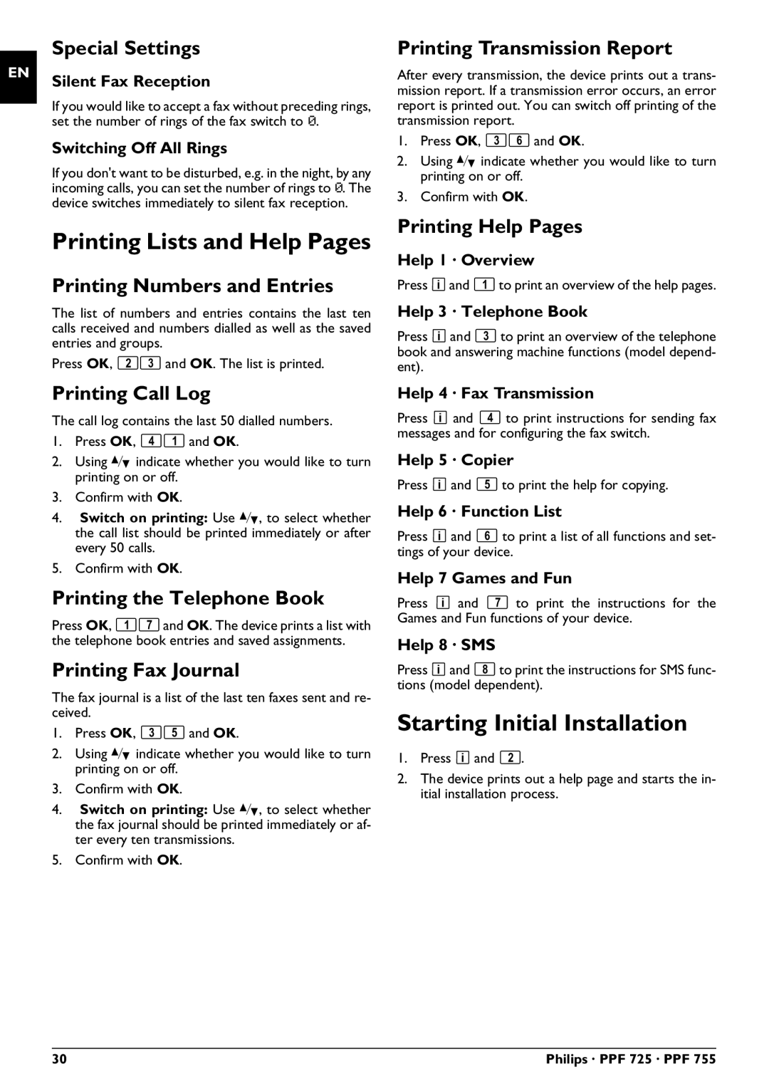 Philips PPF 755, PPF 725 user manual Printing Lists and Help Pages, Starting Initial Installation 