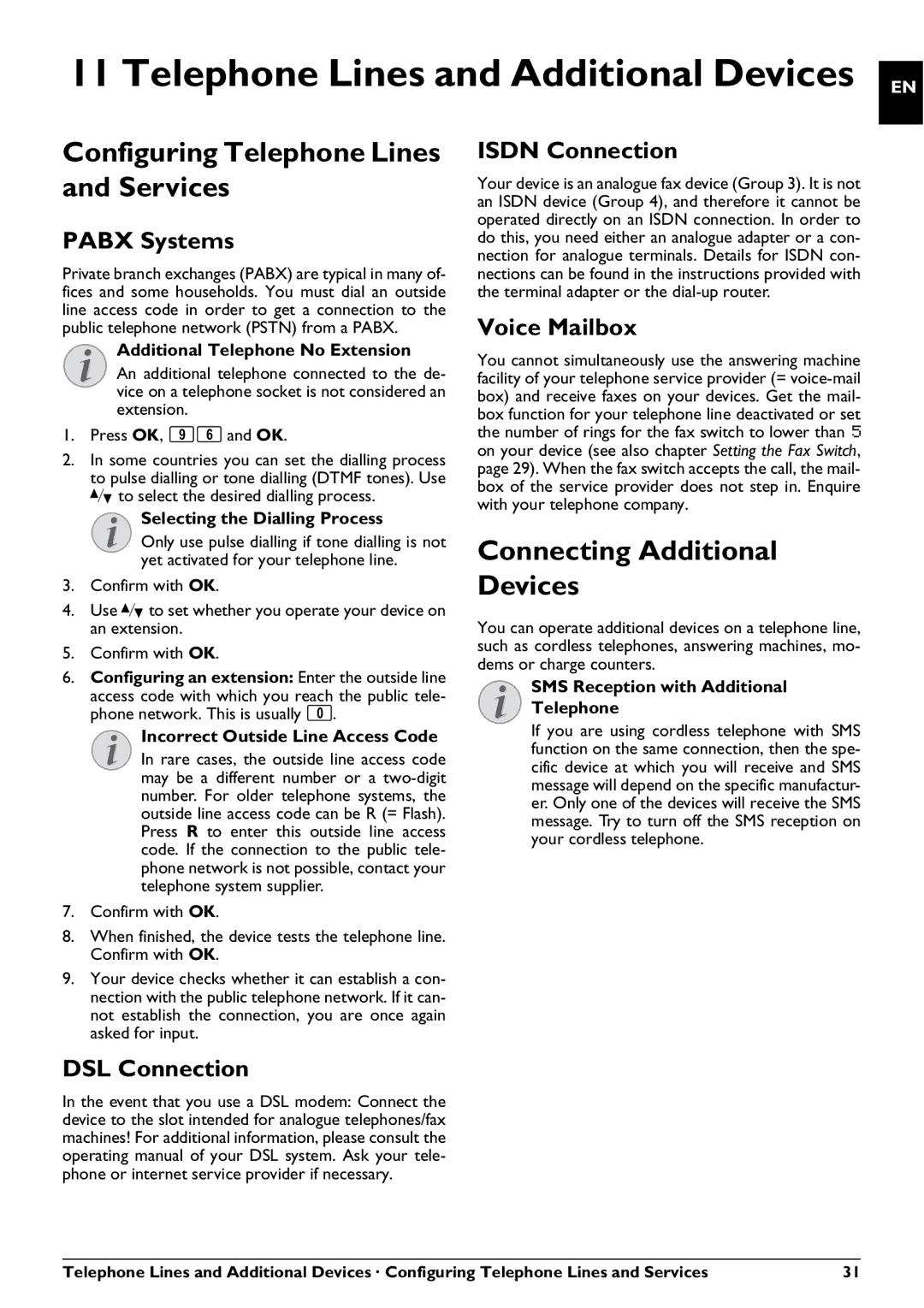 Philips PPF 725, PPF 755 user manual Telephone Lines and Additional Devices, Configuring Telephone Lines and Services 