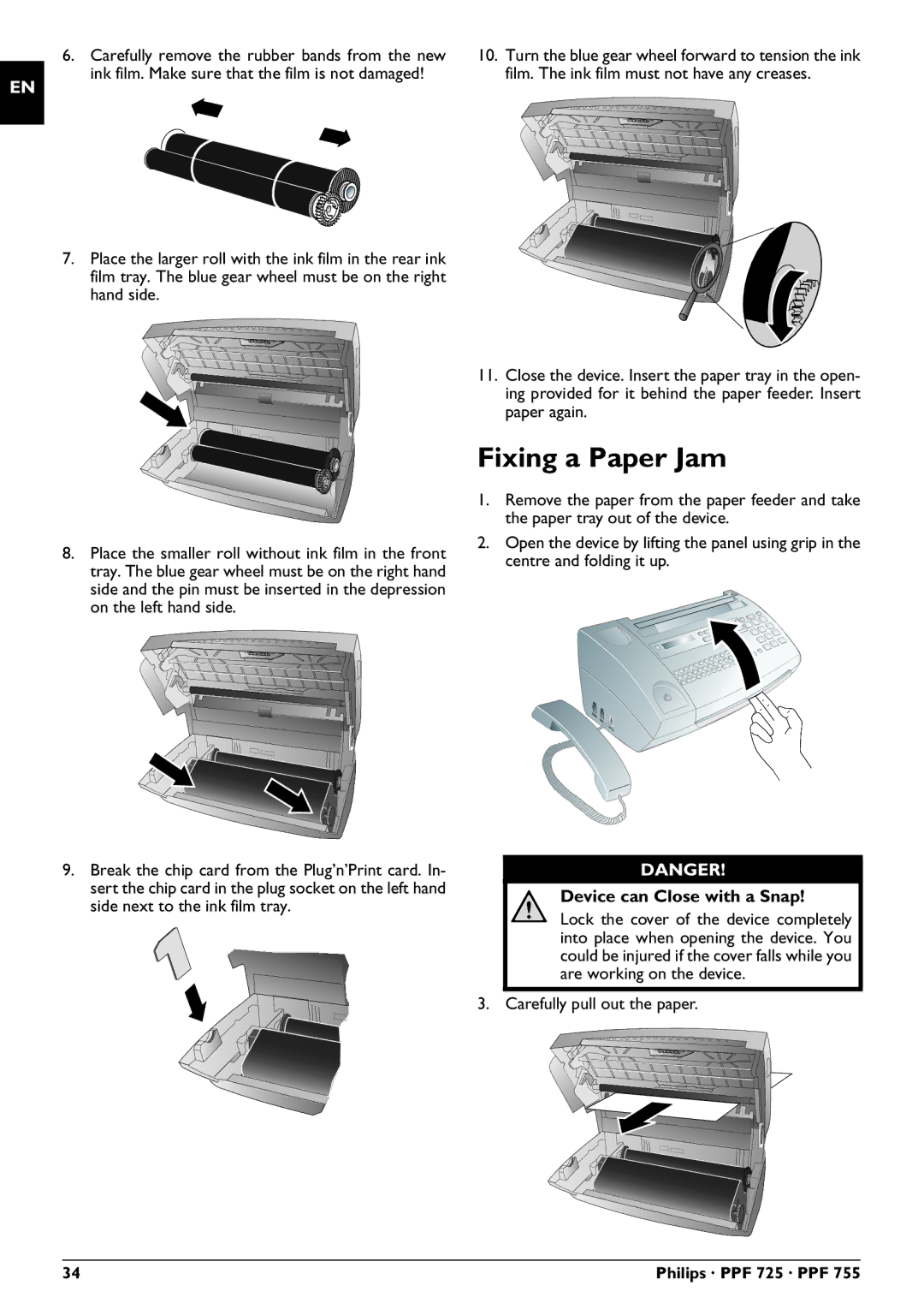 Philips PPF 755, PPF 725 user manual Fixing a Paper Jam, Carefully pull out the paper 