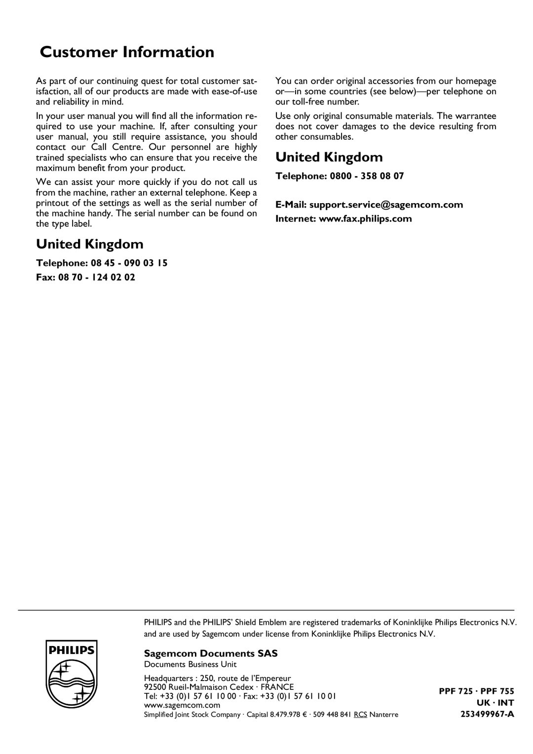 Philips PPF 755 Customer Information, United Kingdom, Sagemcom Documents SAS, Telephone 08 45 090 03 Fax 08 70 124 02 