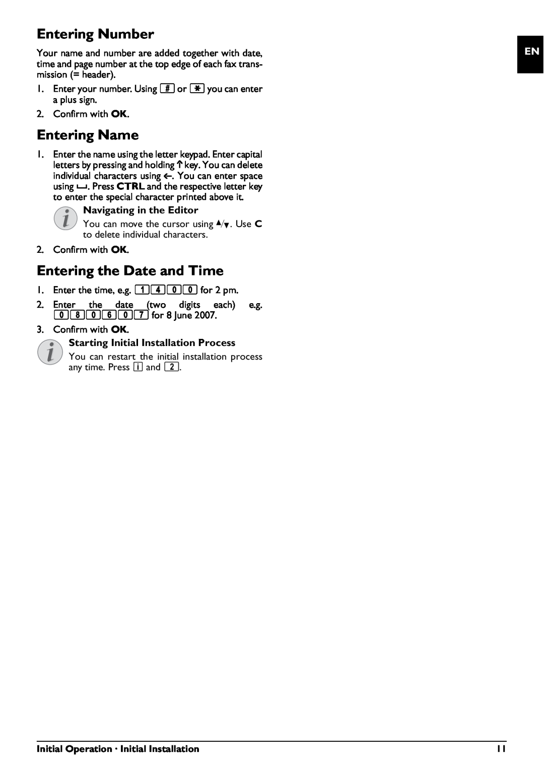 Philips PPF 725, PPF 755 user manual Entering Number, Entering Name, Entering the Date and Time, Navigating in the Editor 