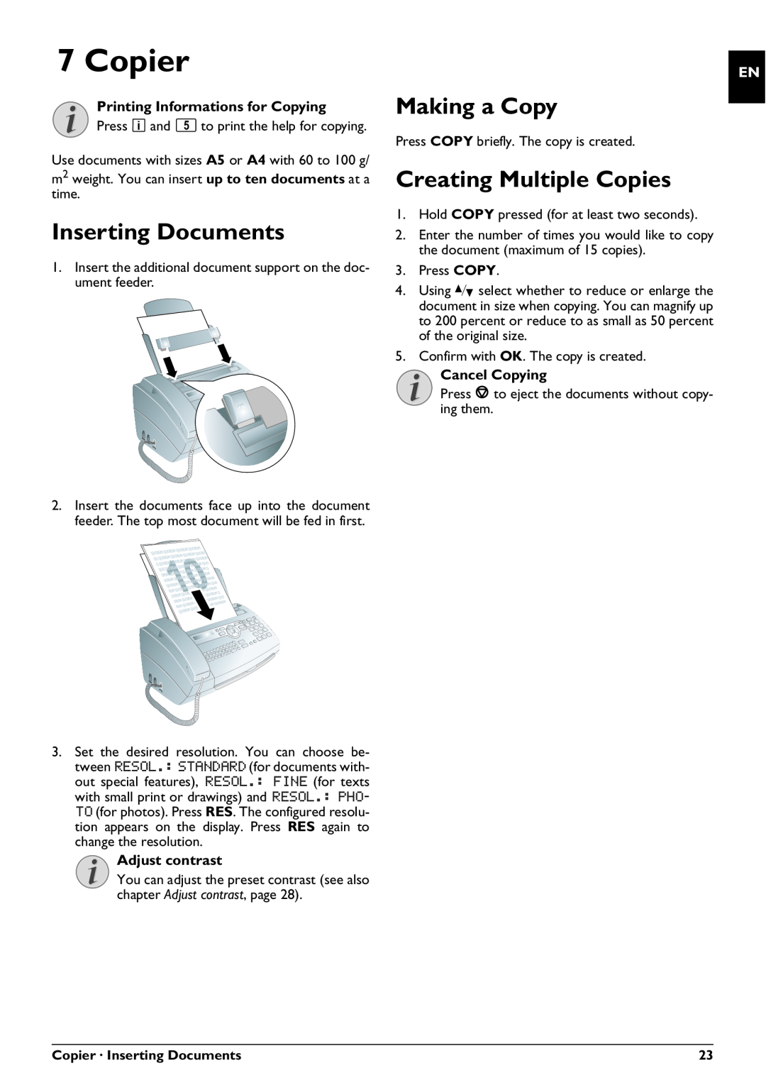 Philips PPF 725 Copier, Inserting Documents, Making a Copy, Creating Multiple Copies, Printing Informations for Copying 
