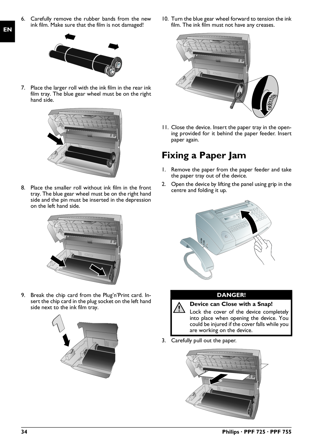 Philips PPF 755, PPF 725 user manual Fixing a Paper Jam, Danger, Device can Close with a Snap 