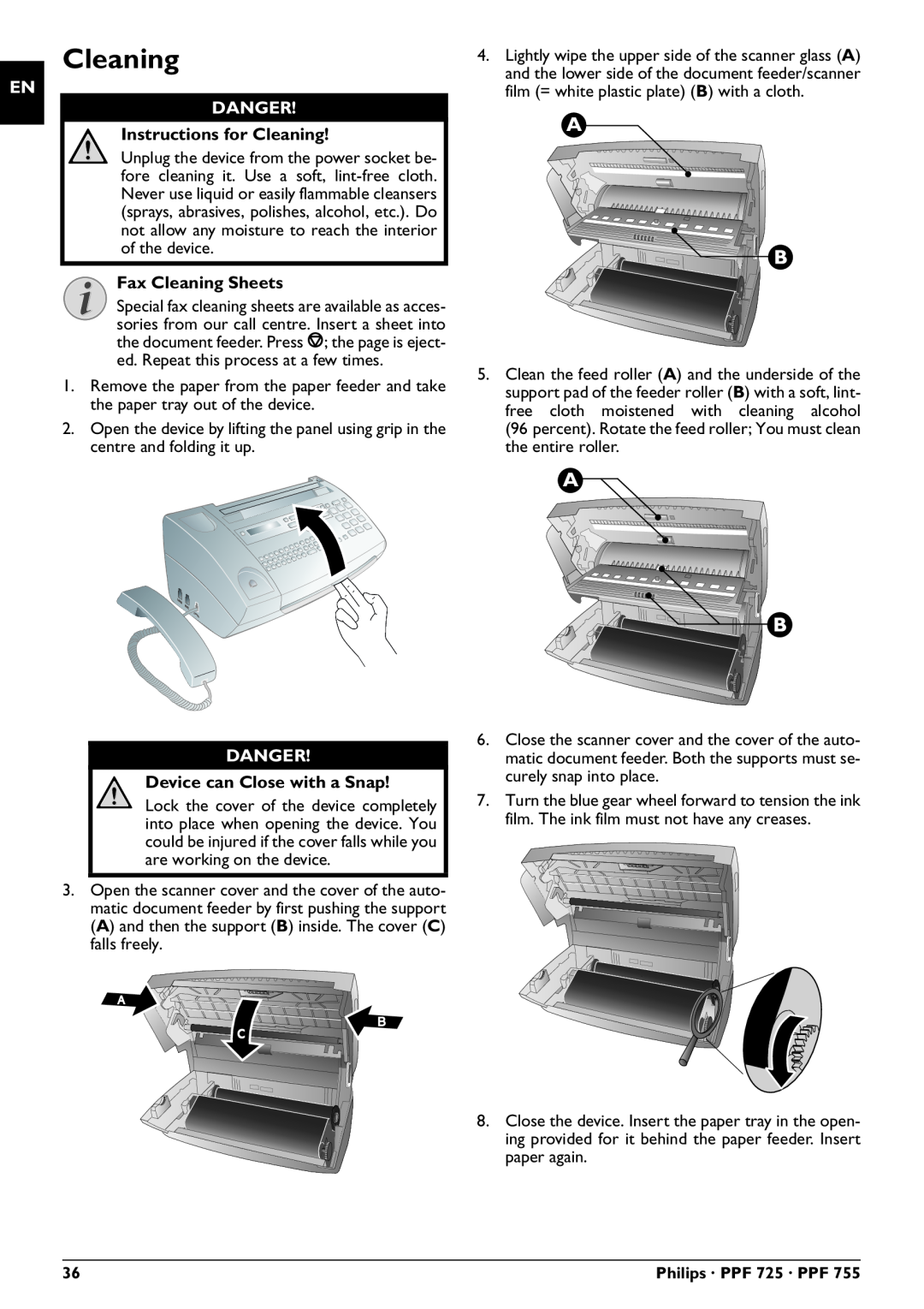 Philips PPF 755, PPF 725 Danger, Instructions for Cleaning, Fax Cleaning Sheets, Device can Close with a Snap 