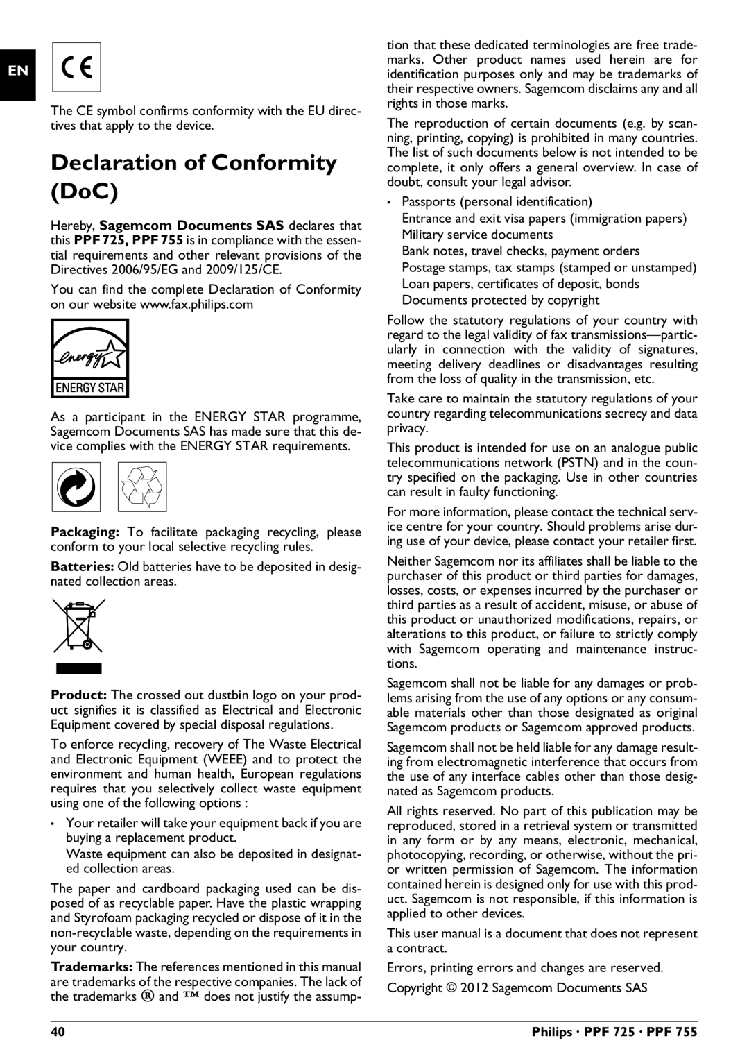 Philips PPF 755, PPF 725 user manual Declaration of Conformity DoC 