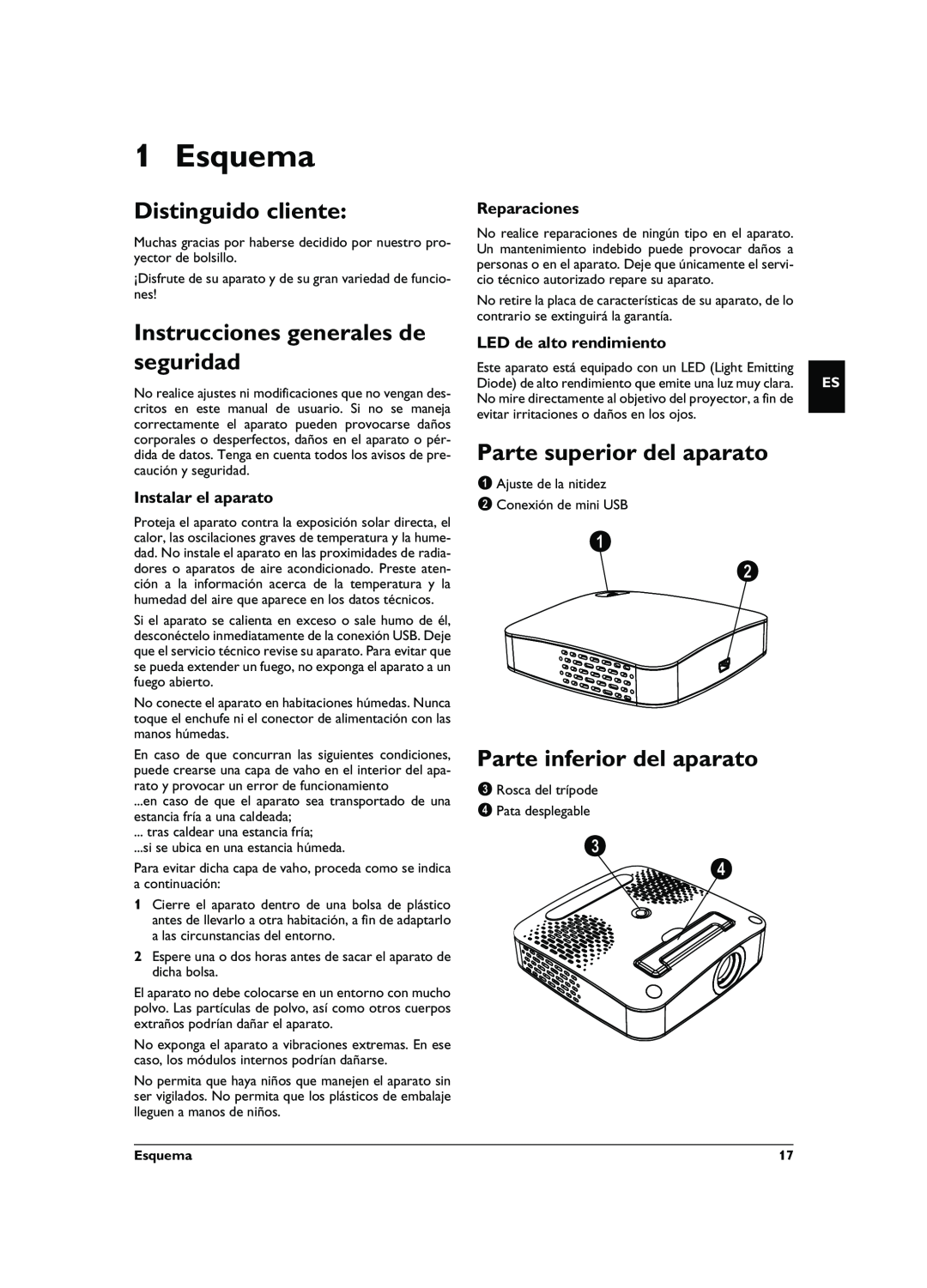 Philips PPX1020 user manual Esquema, Distinguido cliente, Instrucciones generales de seguridad, Parte superior del aparato 