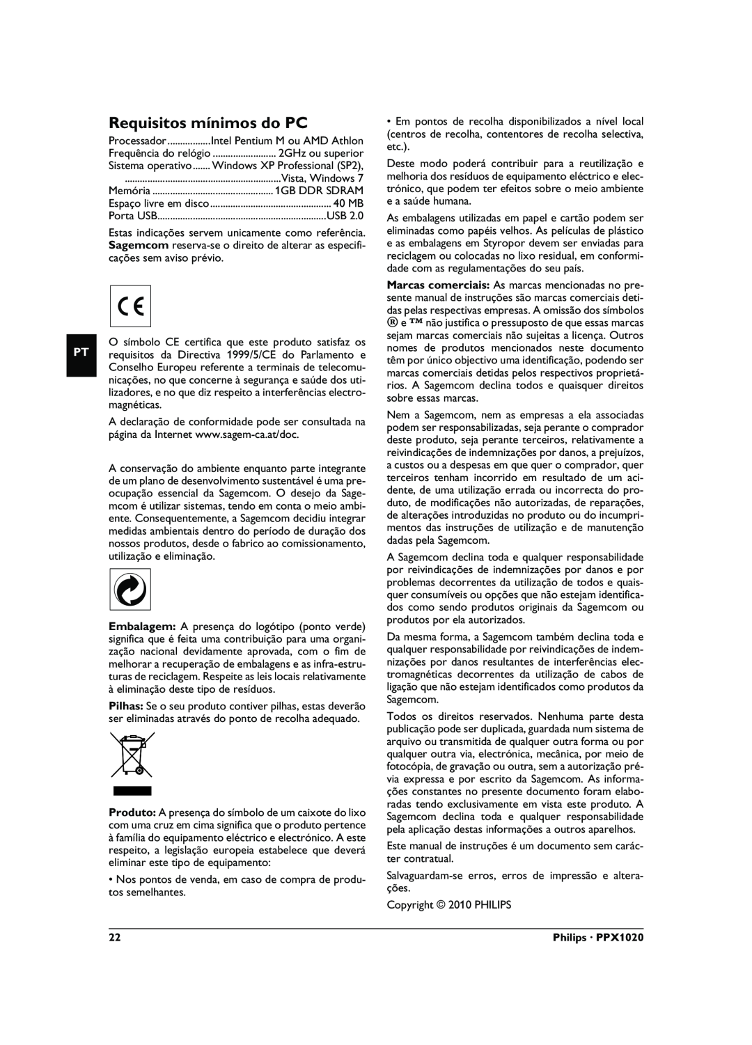 Philips PPX1020 user manual Requisitos mínimos do PC 