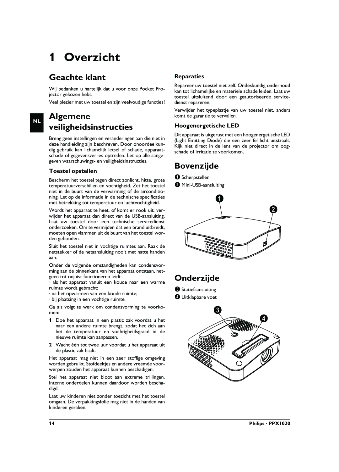 Philips PPX1020 user manual Overzicht, Geachte klant, Algemene veiligheidsinstructies, Bovenzijde, Onderzijde 