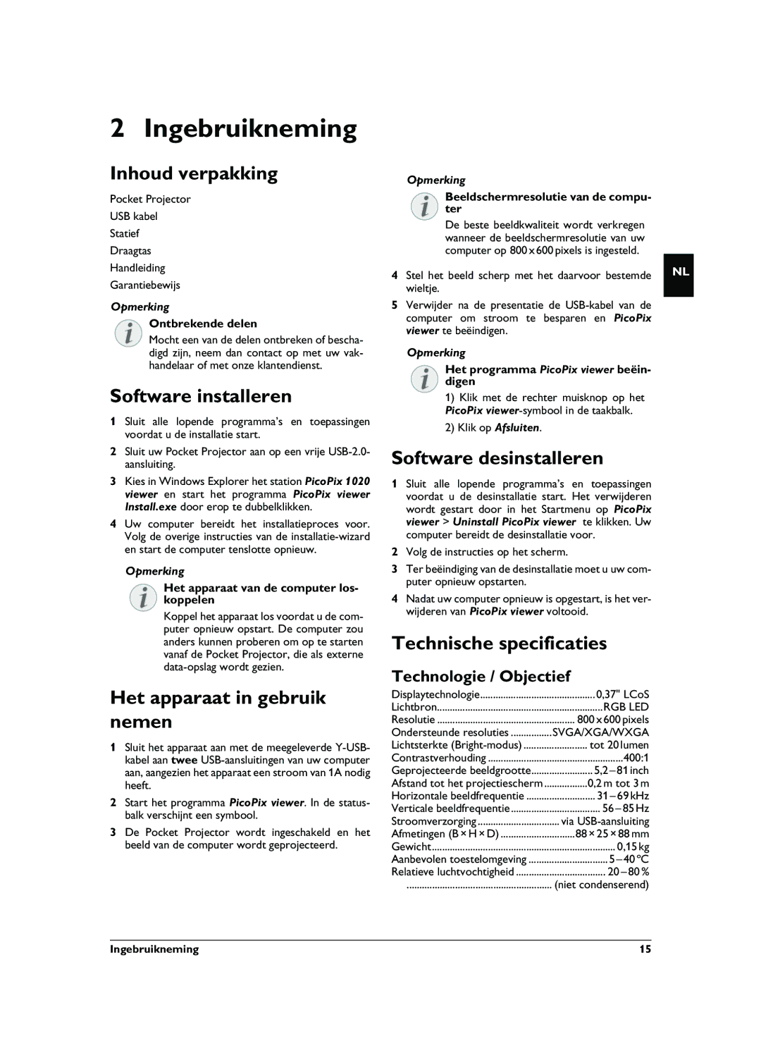 Philips PPX1020 user manual Ingebruikneming 