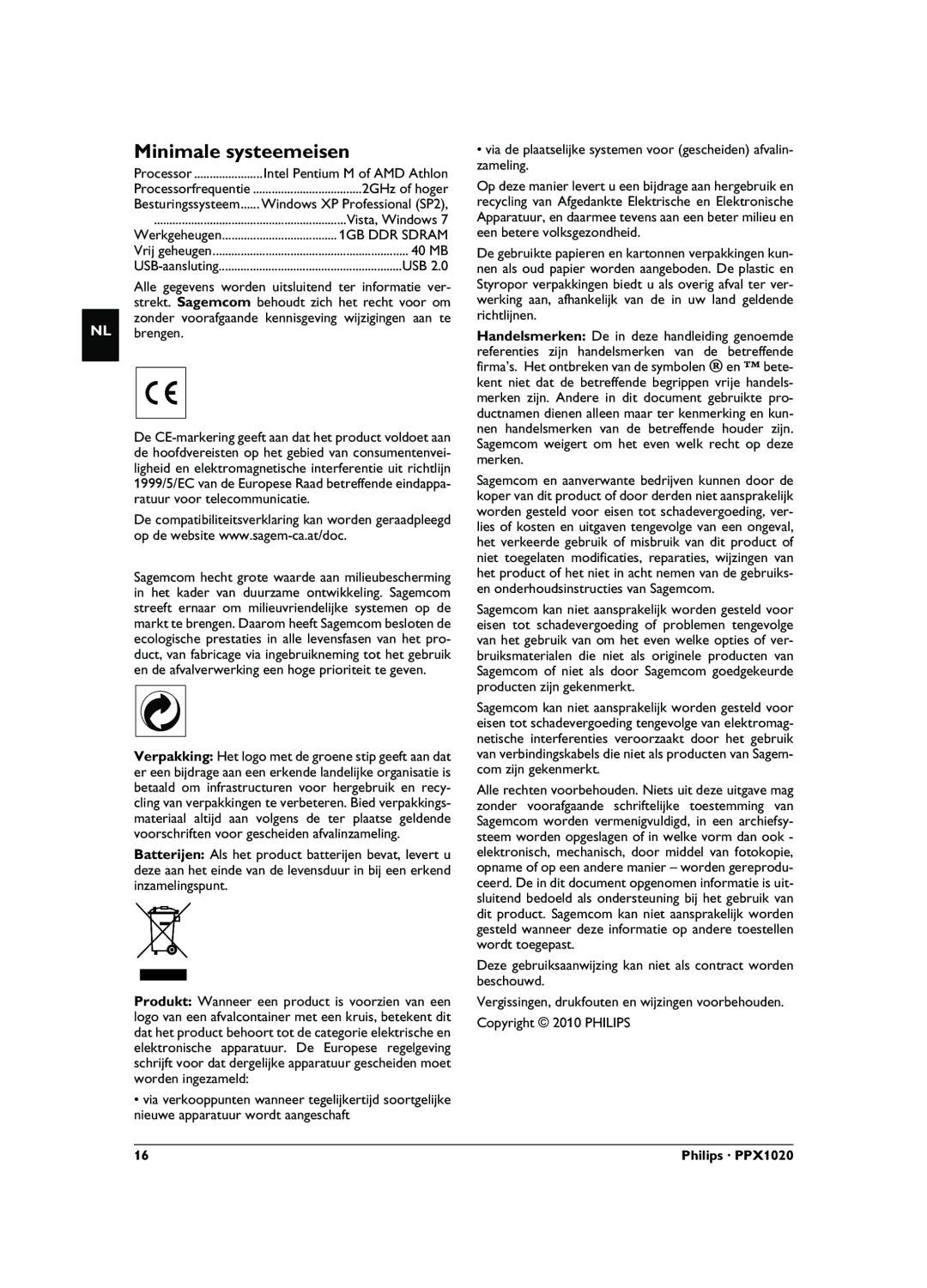 Philips PPX1020 user manual Minimale systeemeisen, 2GHz of hoger 