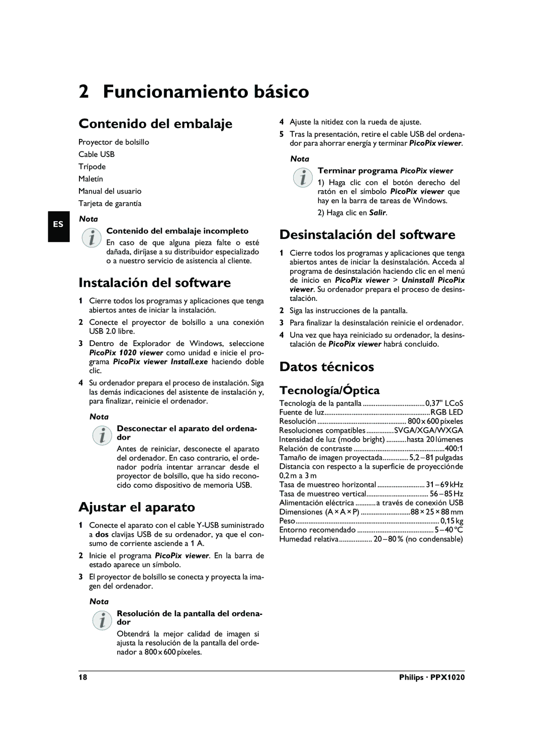 Philips PPX1020 user manual Funcionamiento básico 