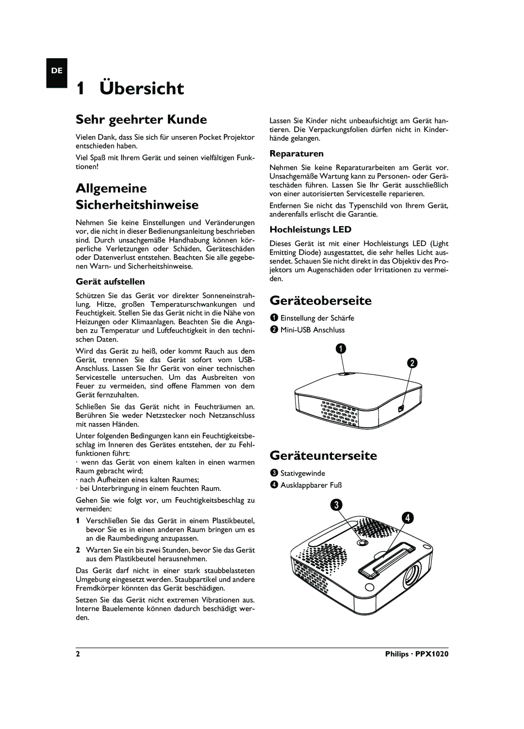 Philips PPX1020 Übersicht, Sehr geehrter Kunde, Allgemeine Sicherheitshinweise, Geräteoberseite, Geräteunterseite 