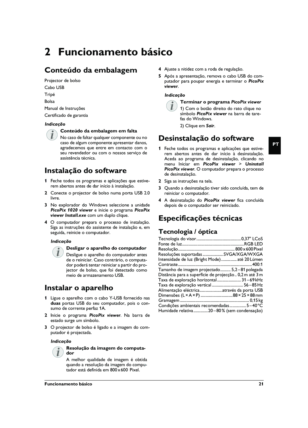 Philips PPX1020 user manual Funcionamento básico 