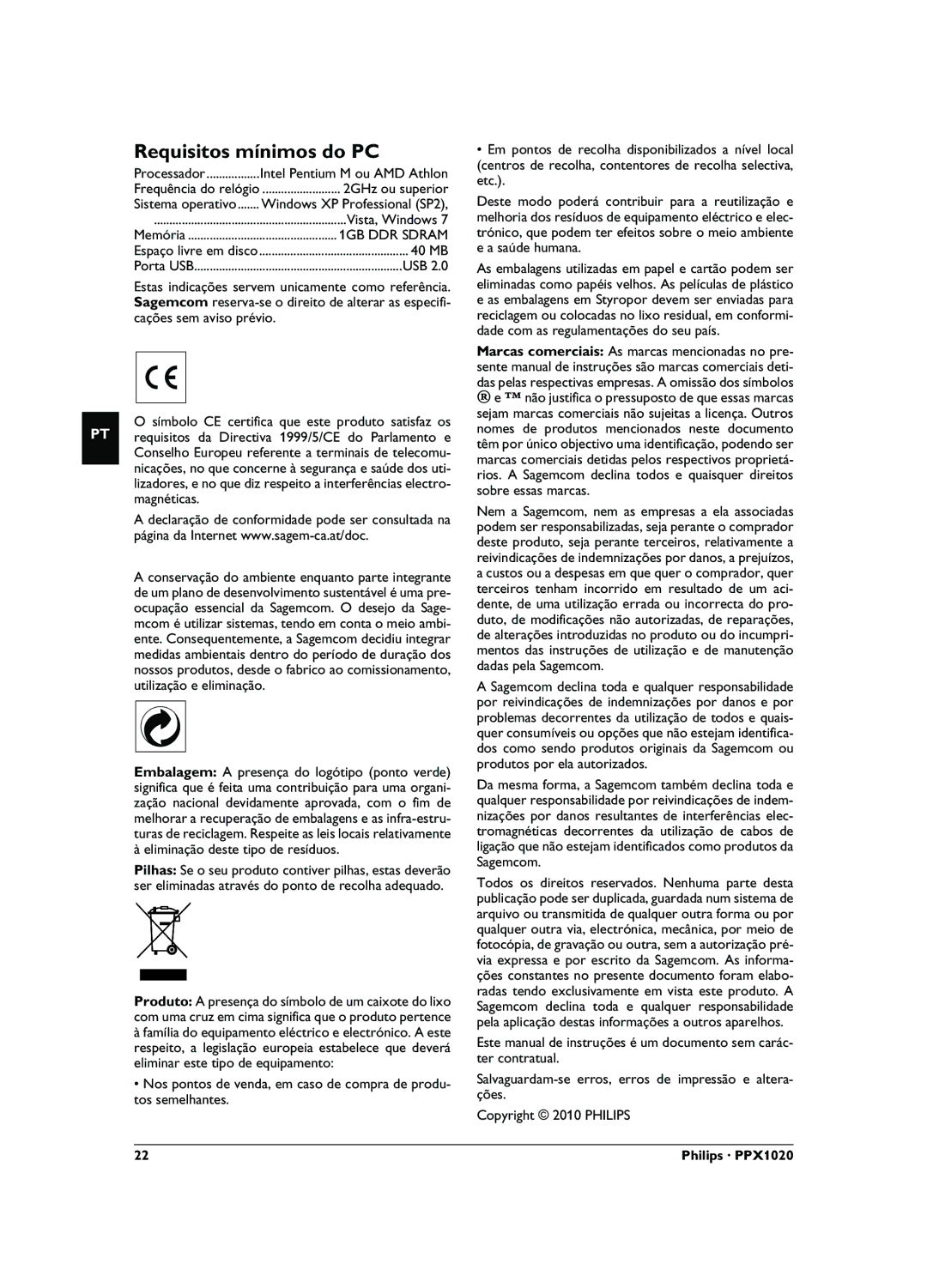 Philips PPX1020 user manual Requisitos mínimos do PC, Vista, Windows 