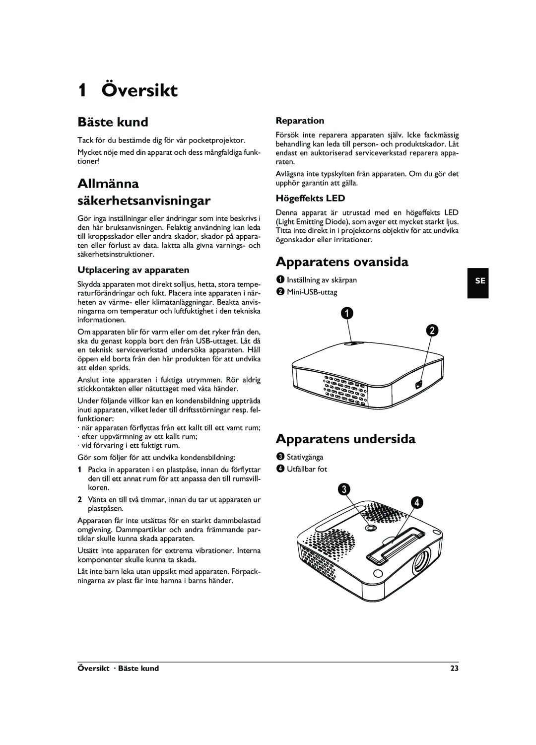 Philips PPX1020 user manual Översikt, Bäste kund, Allmänna Säkerhetsanvisningar, Apparatens ovansida, Apparatens undersida 