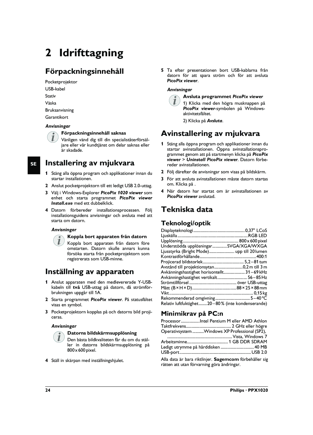 Philips PPX1020 user manual Idrifttagning 