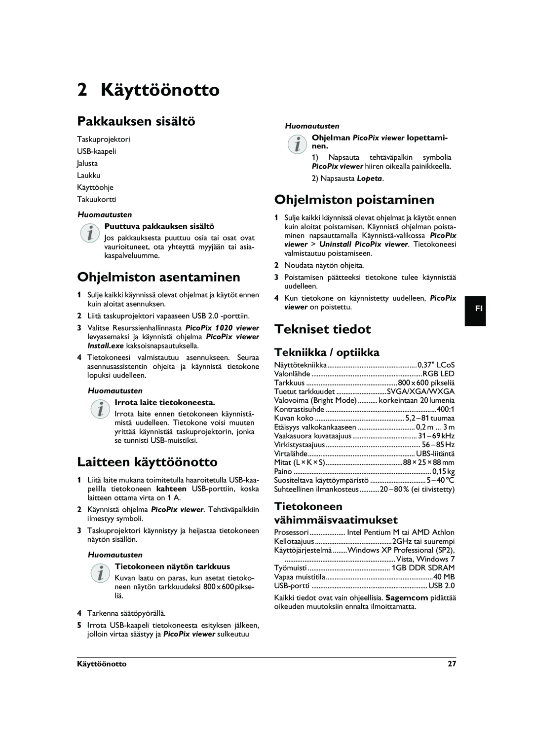 Philips PPX1020 user manual Käyttöönotto 