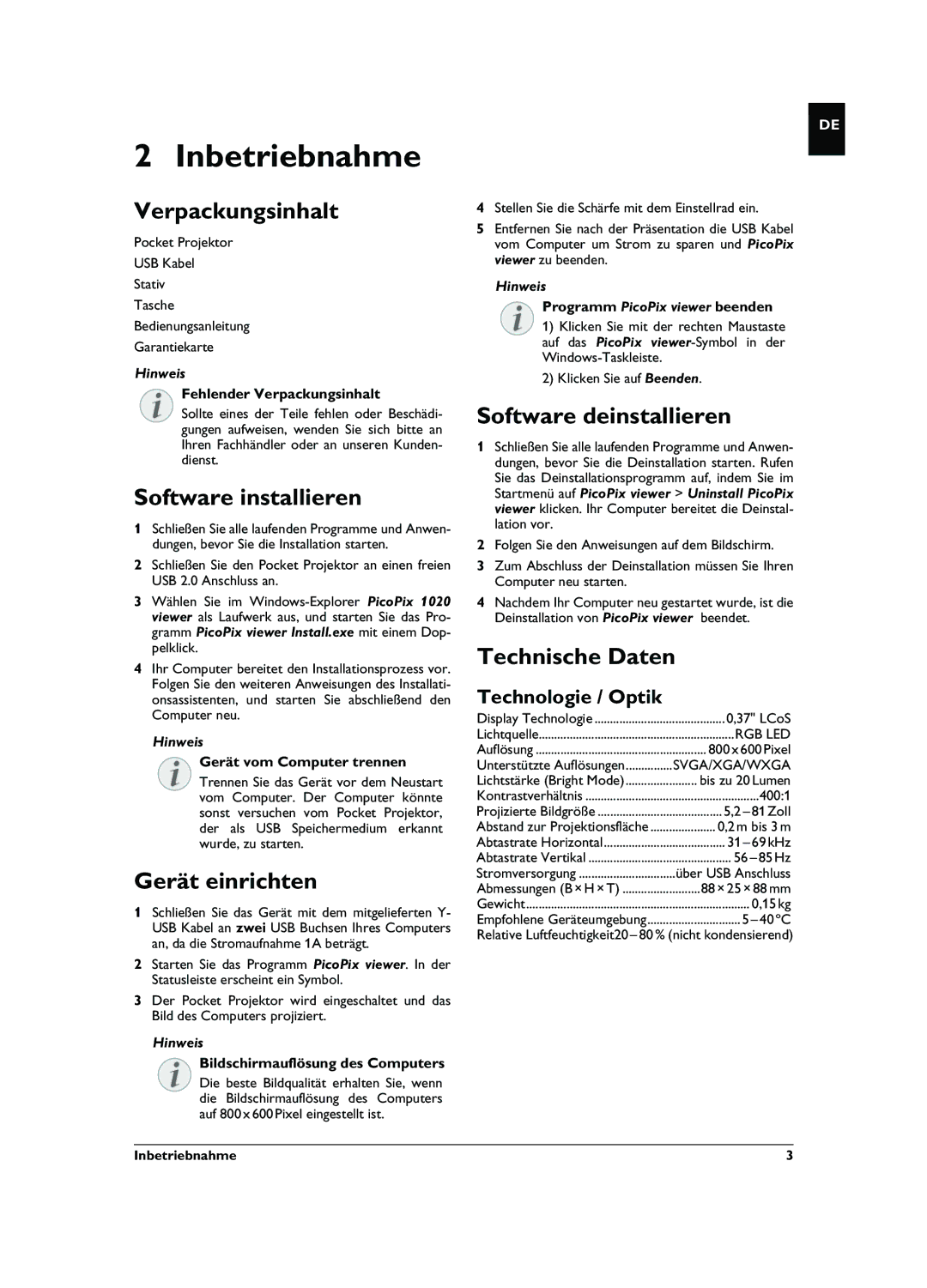 Philips PPX1020 user manual Inbetriebnahme 