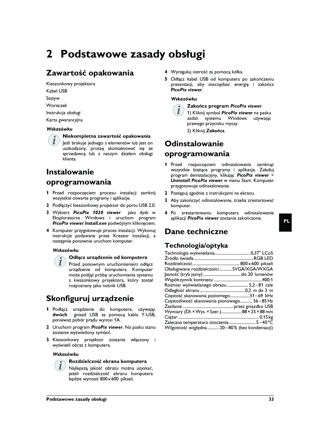 Philips PPX1020 user manual Podstawowe zasady obsługi 