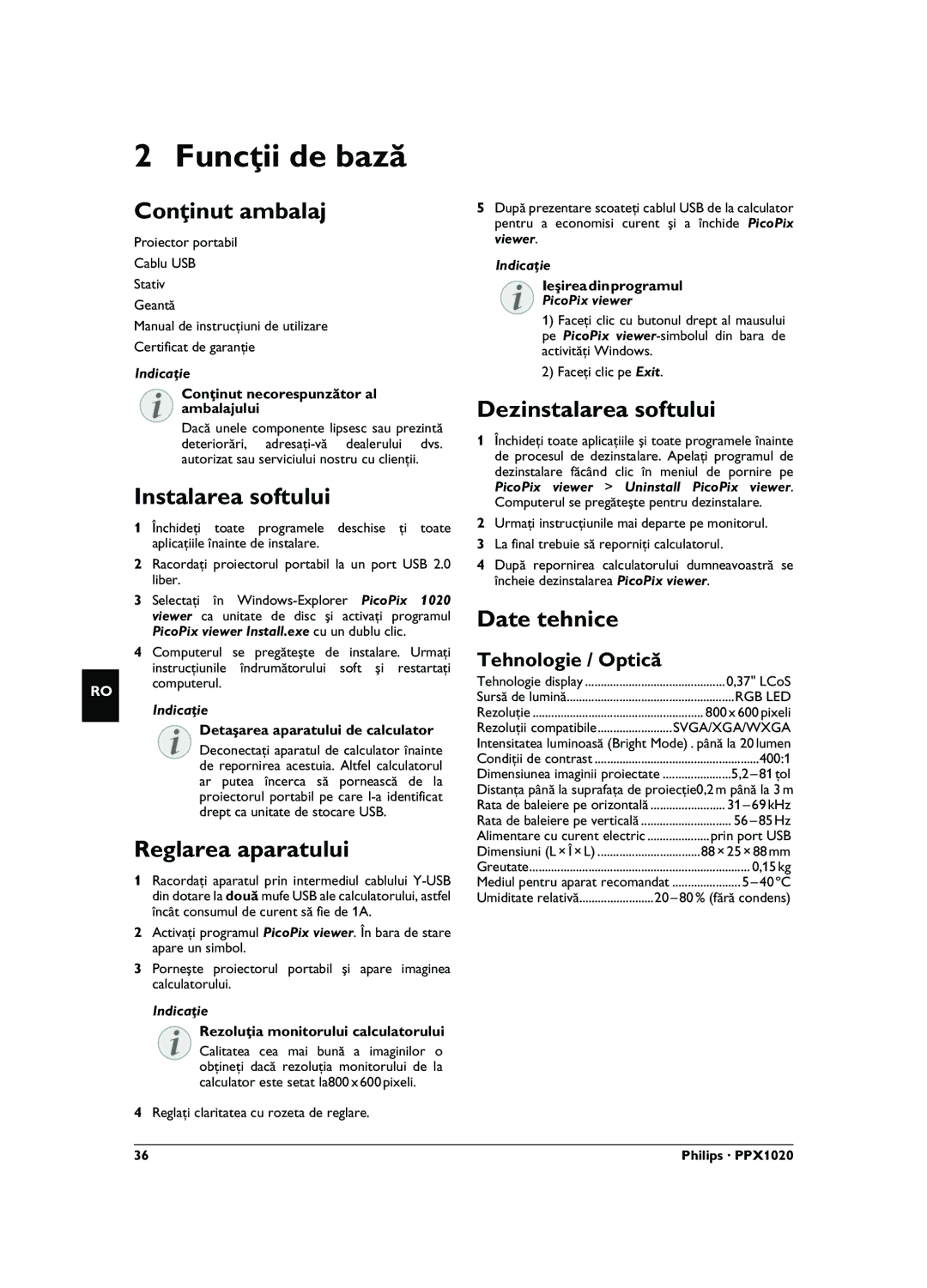 Philips PPX1020 user manual Funcţii de bază 