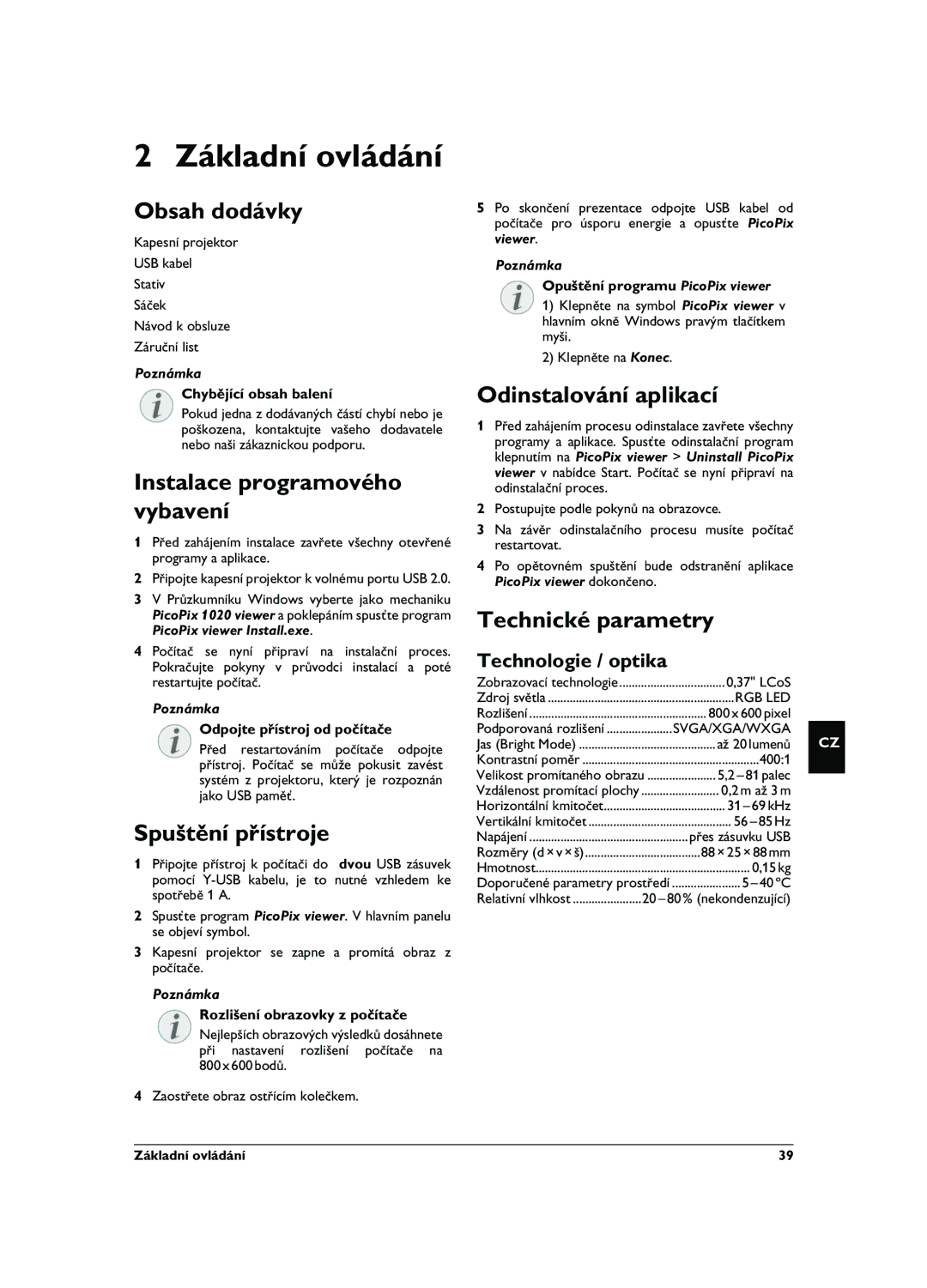 Philips PPX1020 user manual Základní ovládání 