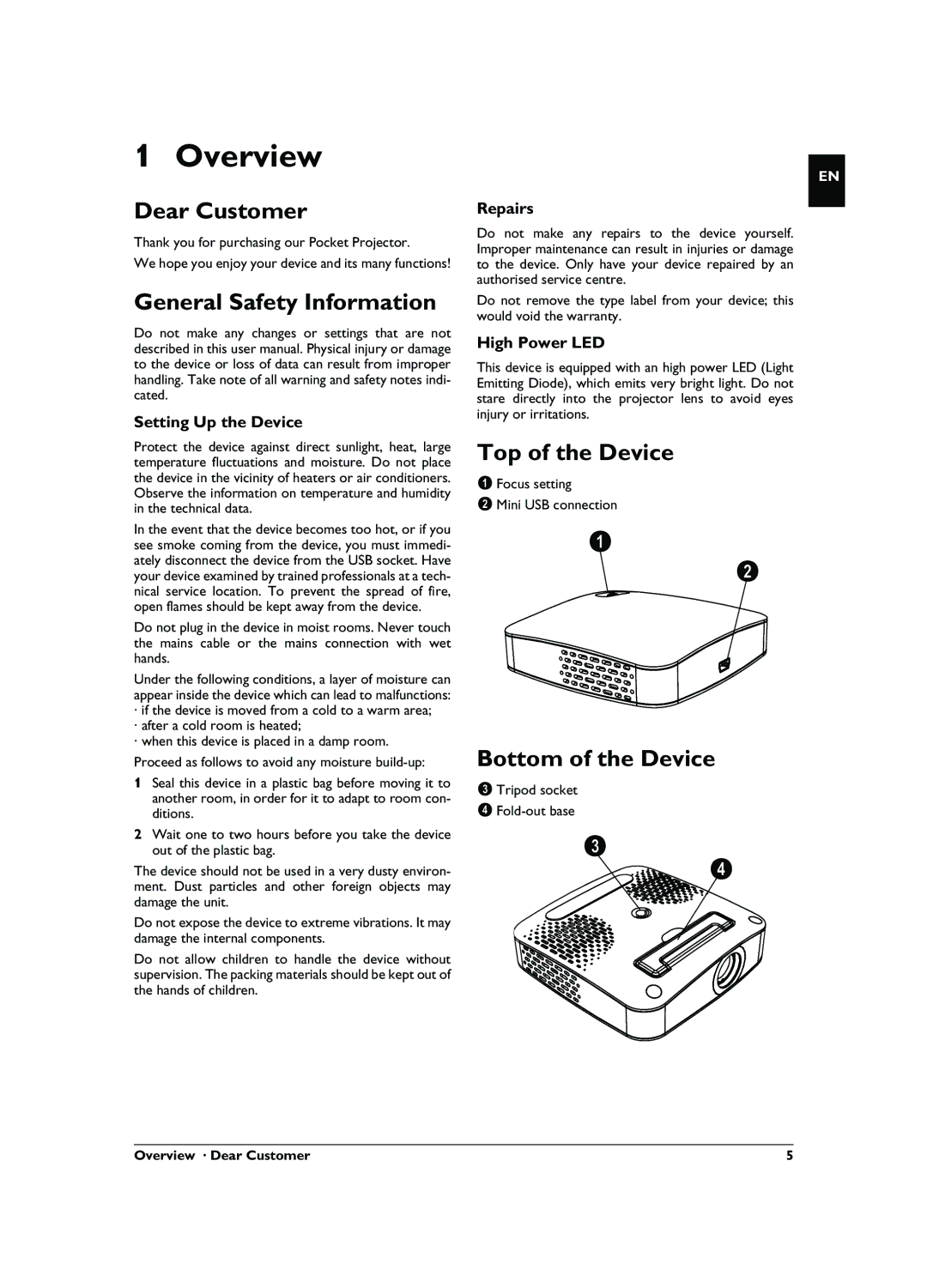 Philips PPX1020 user manual Overview, Dear Customer, General Safety Information, Top of the Device, Bottom of the Device 