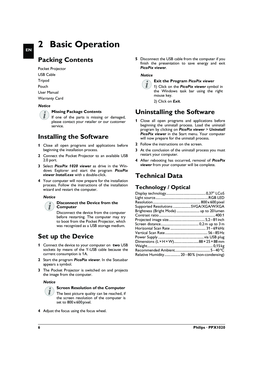 Philips PPX1020 user manual Basic Operation 