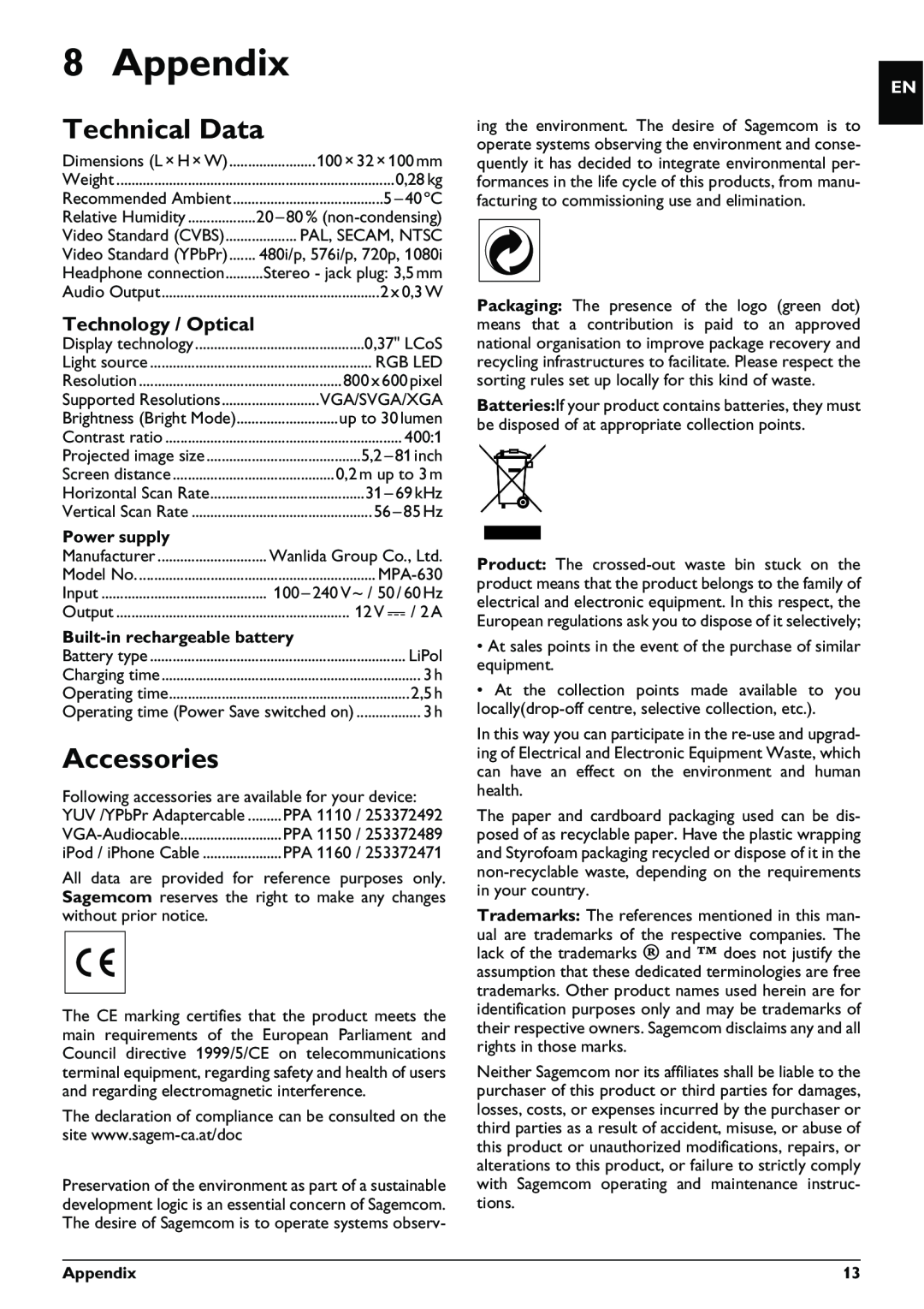 Philips PPX1230 user manual Appendix, Technical Data, Accessories, Power supply, Built-inrechargeable battery 