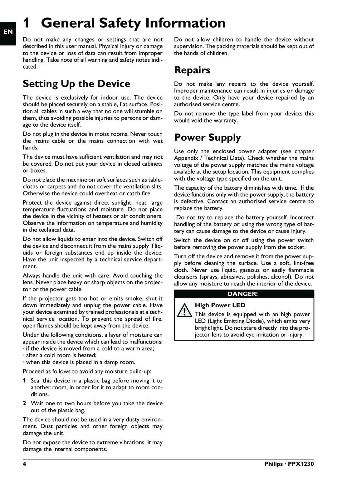 Philips PPX1230 General Safety Information, Setting Up the Device, Repairs, Power Supply, High Power LED, Danger 