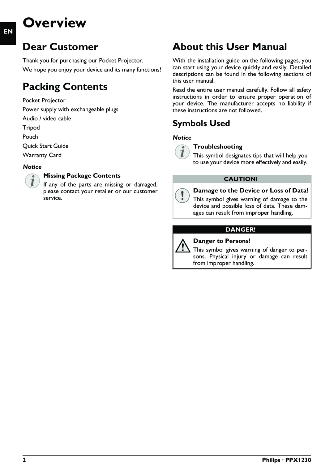 Philips PPX1230 user manual Overview, Dear Customer, Packing Contents 