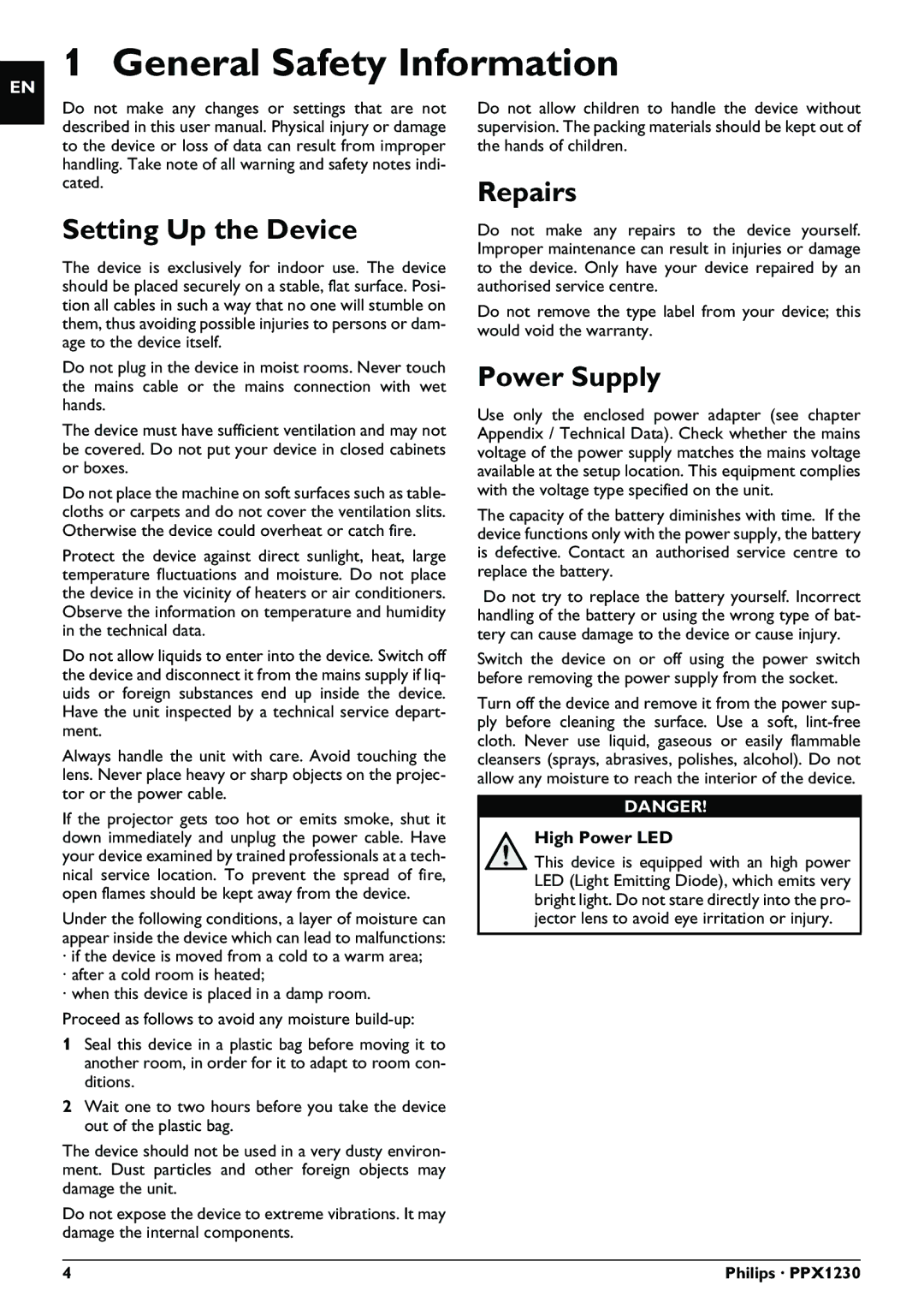 Philips PPX1230 user manual General Safety Information, Setting Up the Device, Repairs, Power Supply, High Power LED 