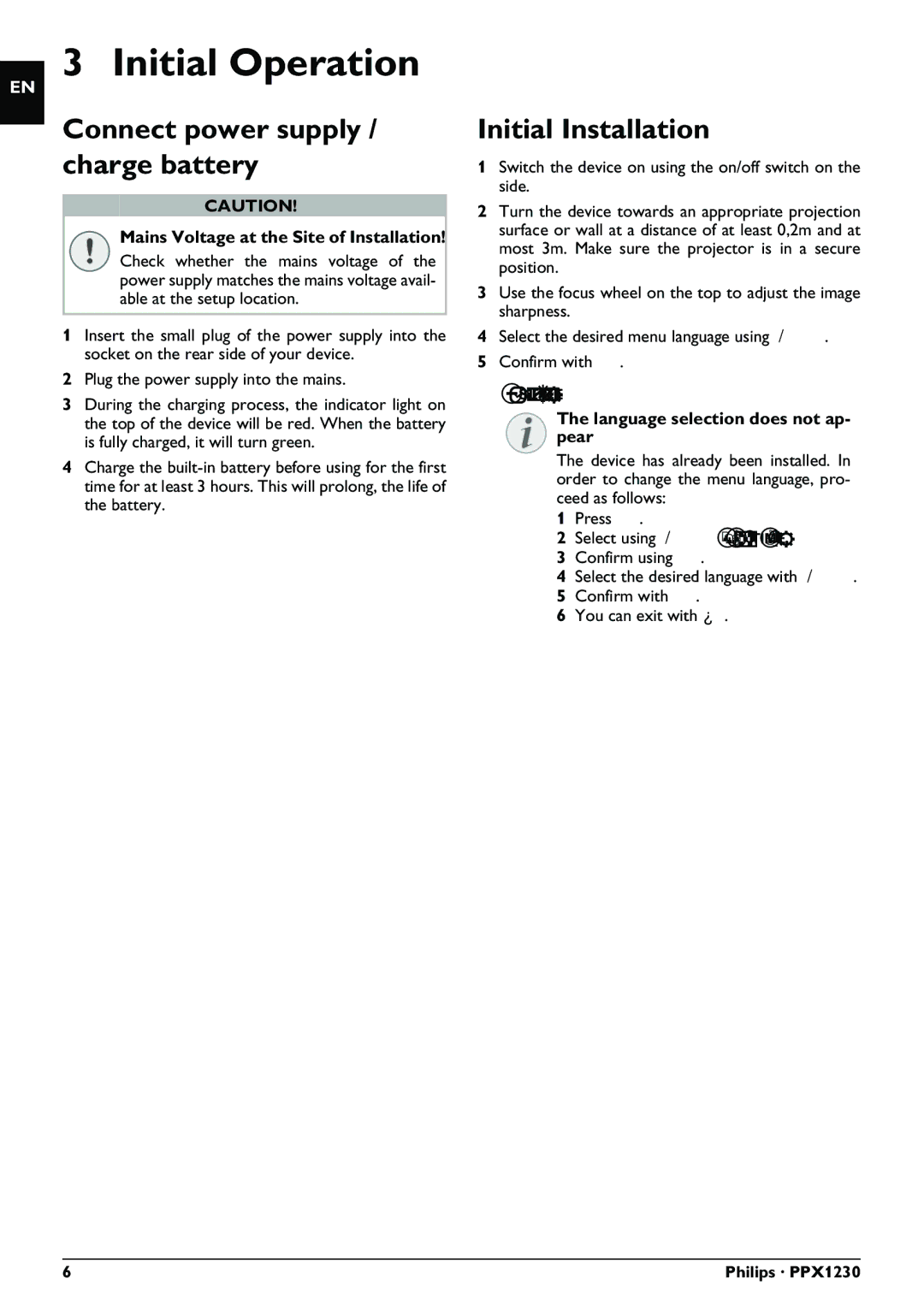 Philips PPX1230 user manual Initial Operation, Connect power supply / charge battery, Initial Installation 