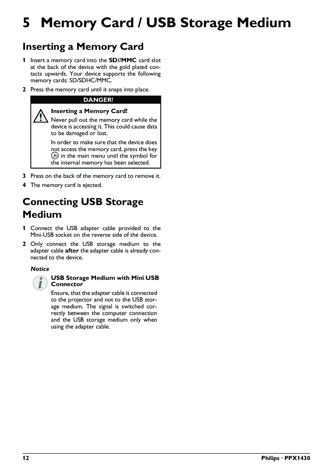 Philips PPX1430 user manual Memory Card / USB Storage Medium, Inserting a Memory Card, Connecting USB Storage Medium 