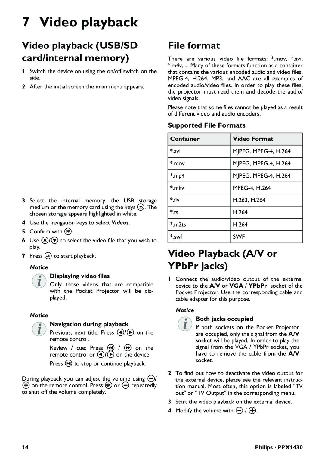 Philips PPX1430 user manual Video playback USB/SD card/internal memory, File format, Video Playback A/V or YPbPr jacks 