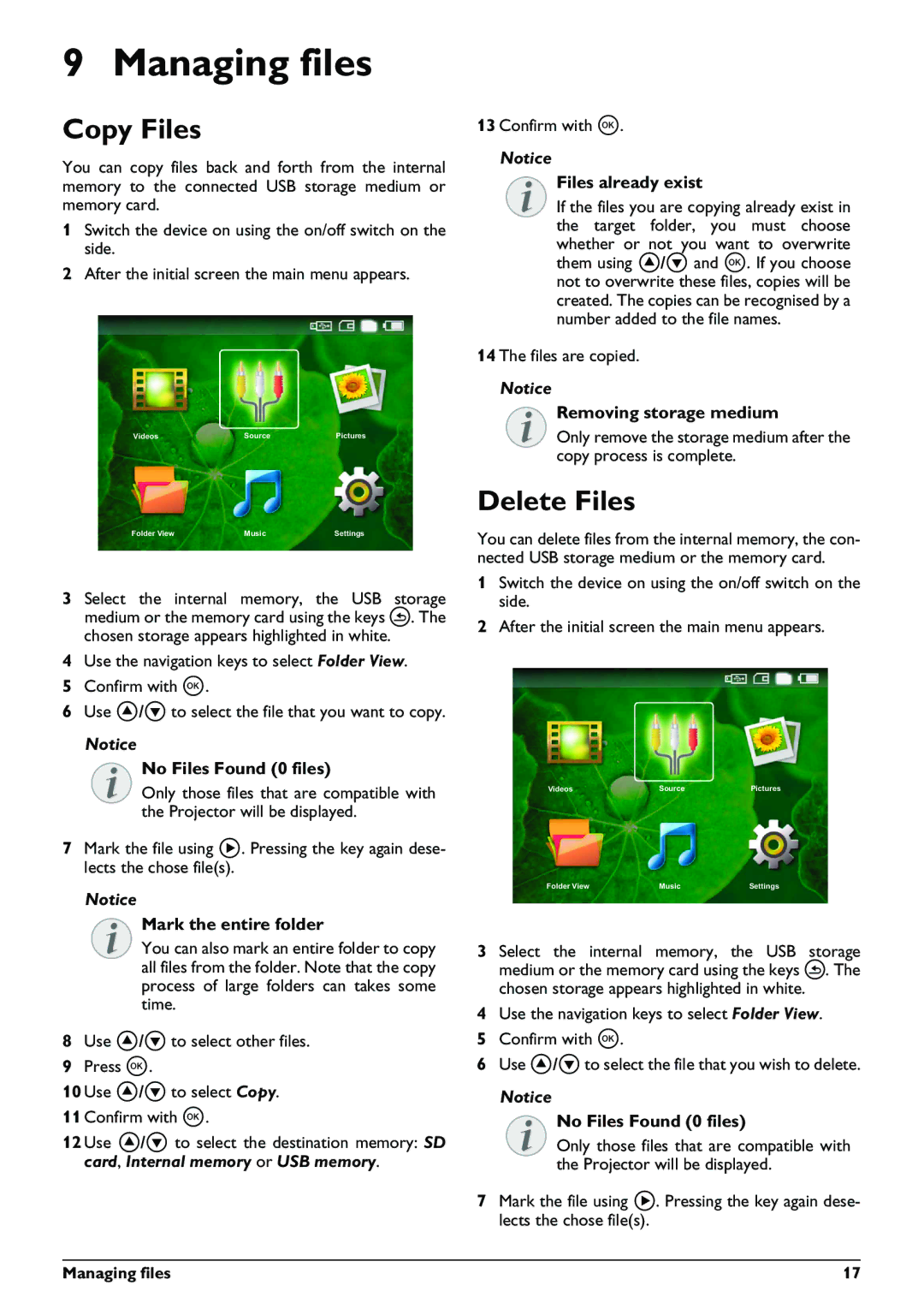 Philips PPX1430 user manual Managing files, Copy Files, Delete Files 