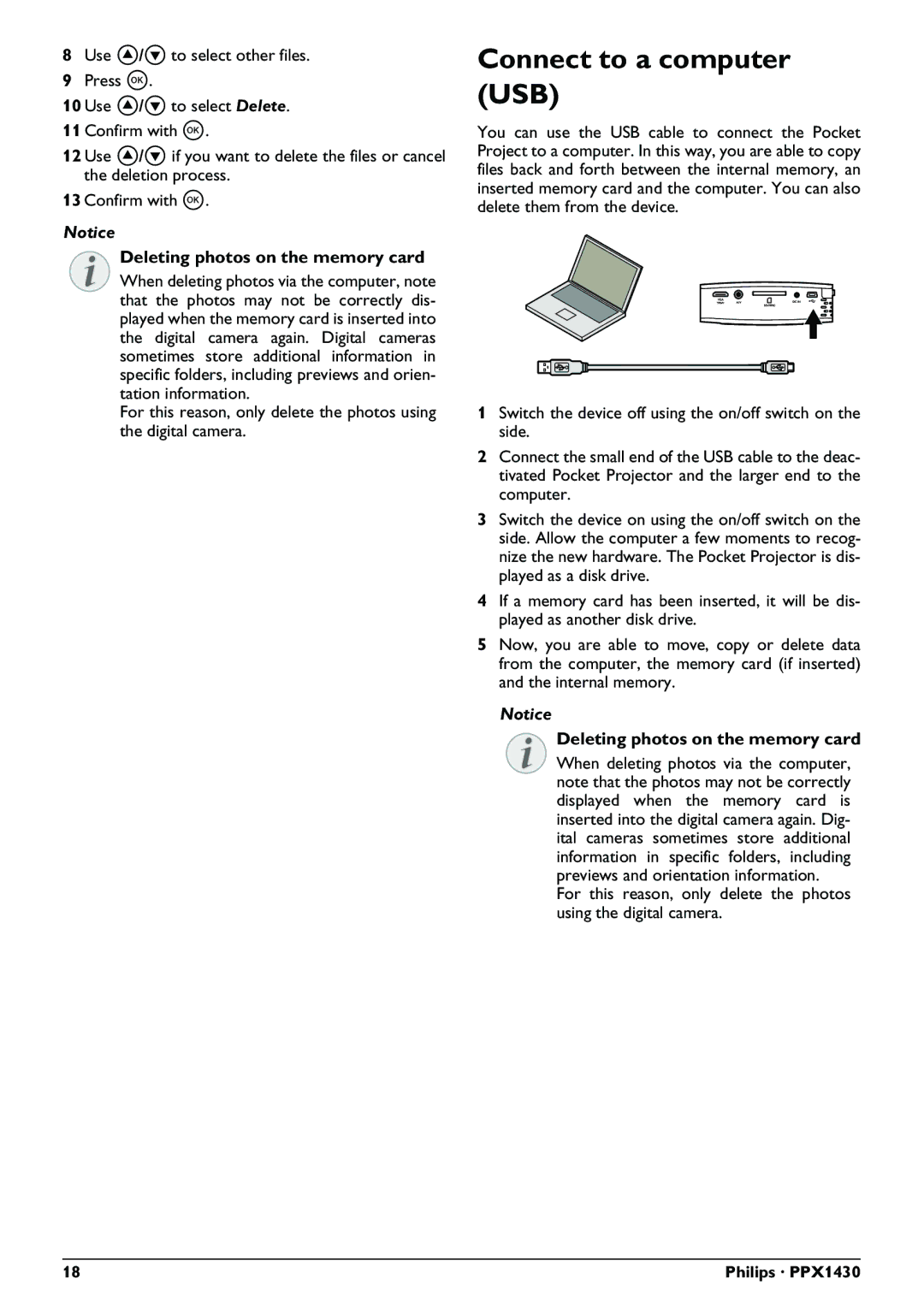 Philips PPX1430 user manual Connect to a computer USB, Deleting photos on the memory card 