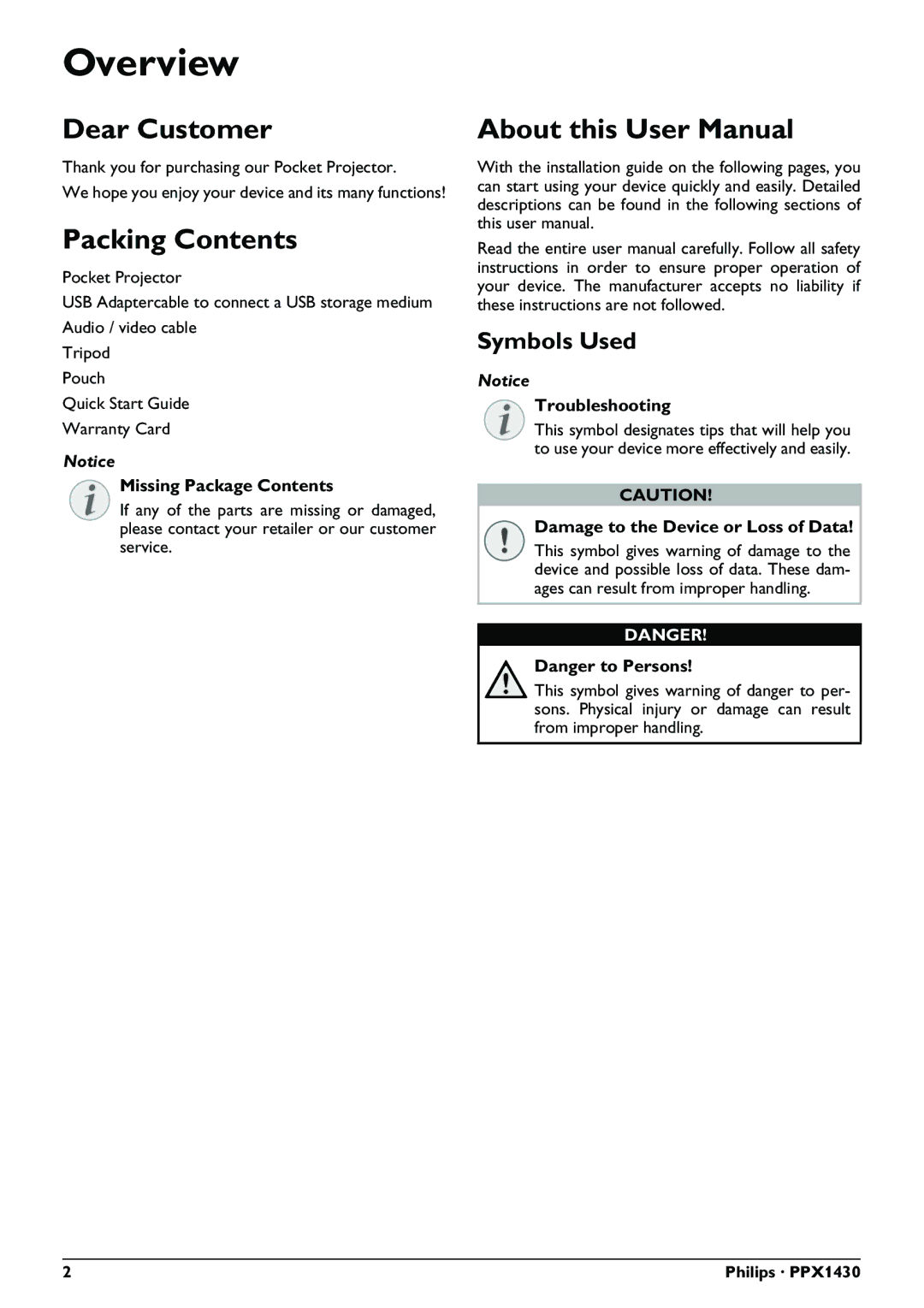 Philips PPX1430 user manual Overview, Dear Customer, Packing Contents 