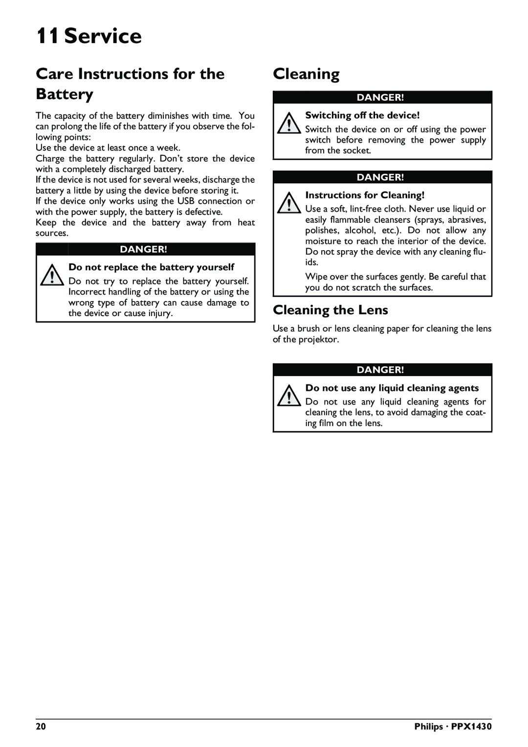 Philips PPX1430 user manual Service, Care Instructions for the Battery, Cleaning 