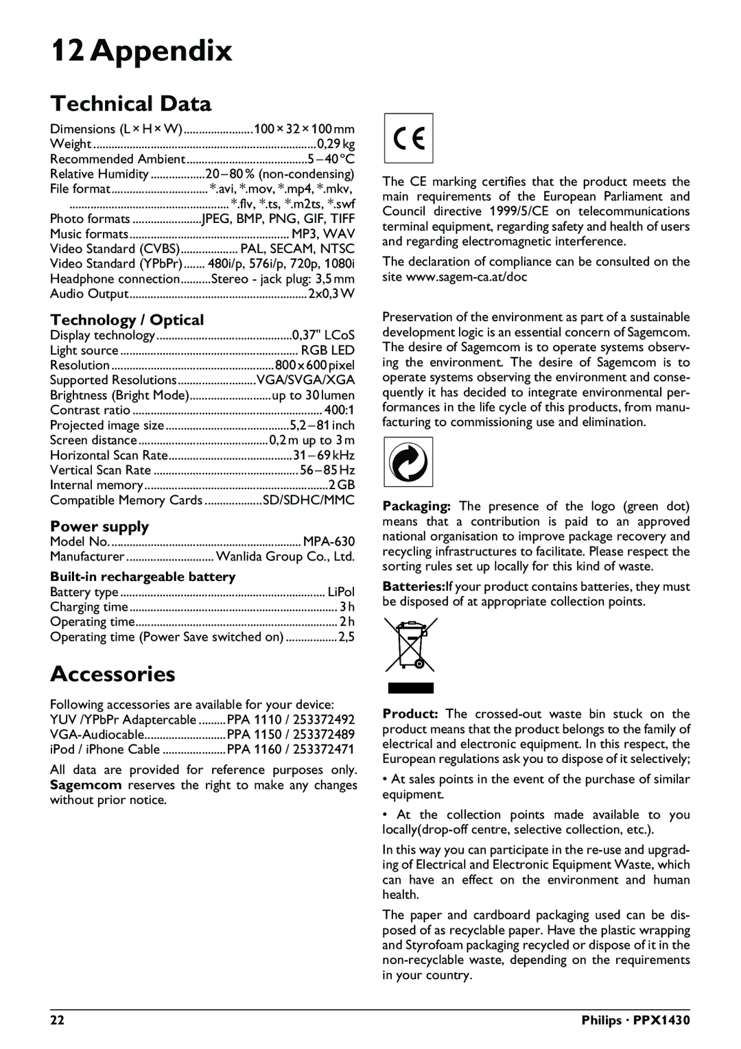 Philips PPX1430 user manual Appendix, Technical Data, Accessories, Technology / Optical, Power supply 