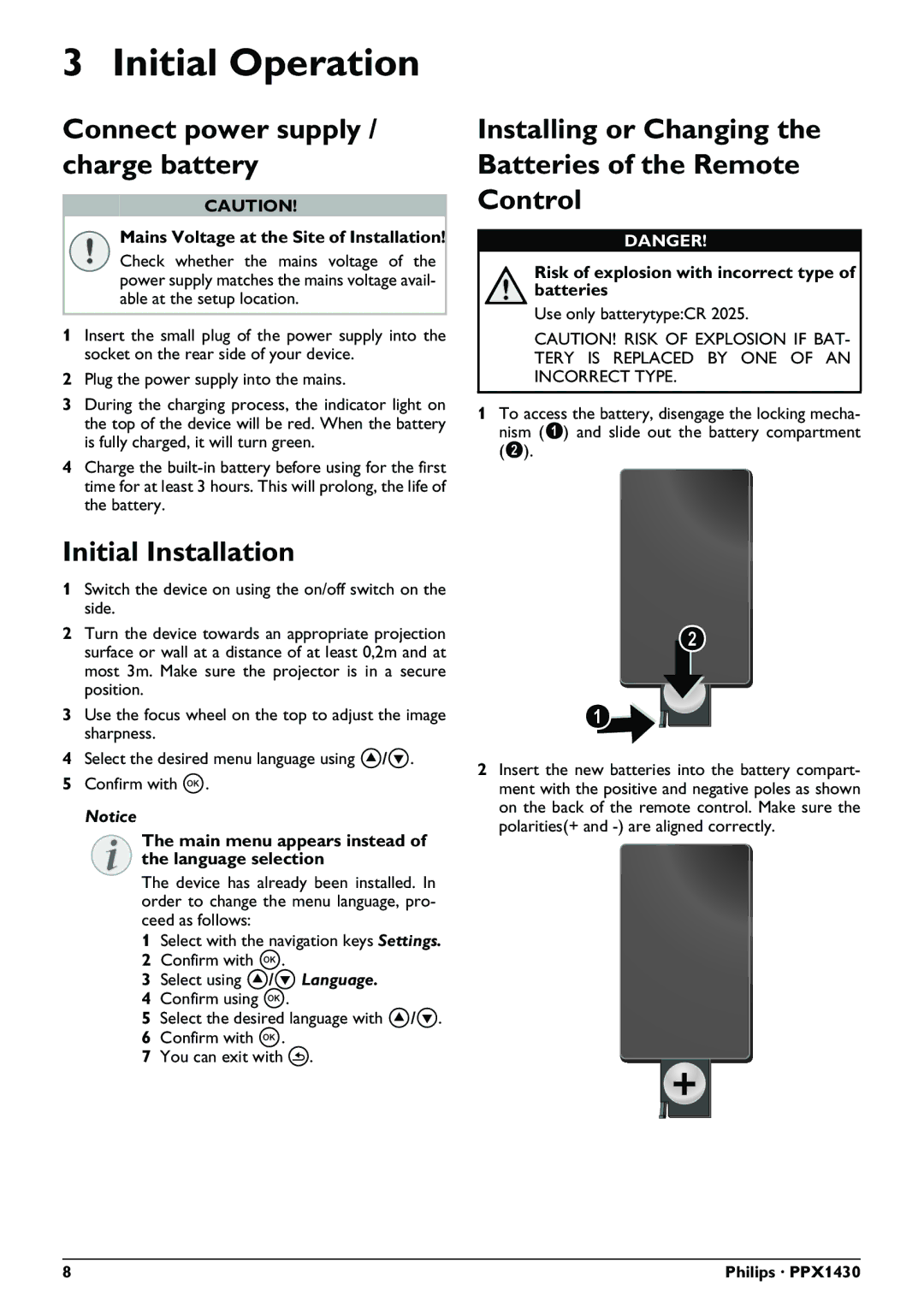 Philips PPX1430 user manual Initial Operation, Connect power supply / charge battery, Initial Installation 