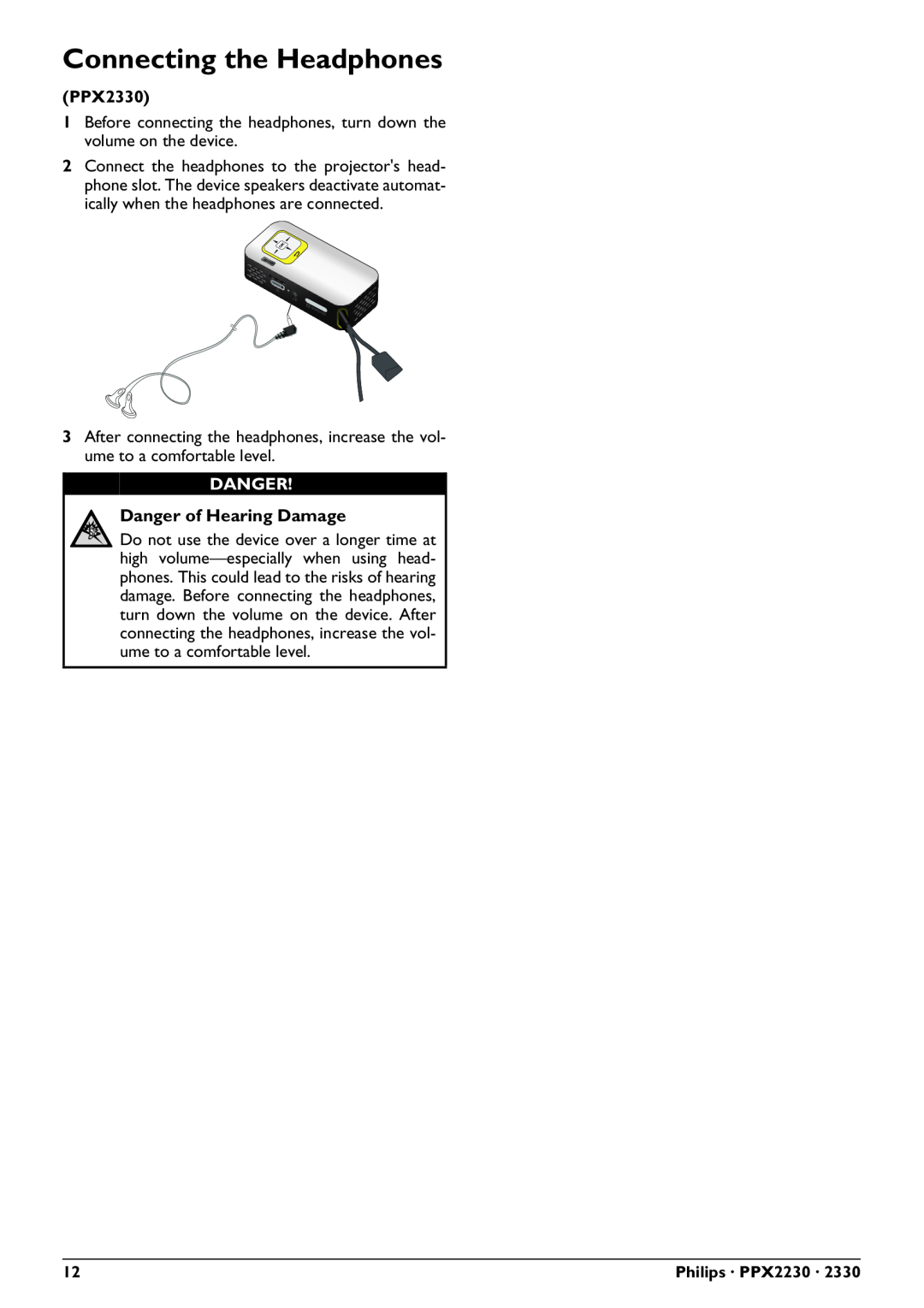Philips PPX2330 user manual Connecting the Headphones, Danger of Hearing Damage, Philips · PPX2230 · 