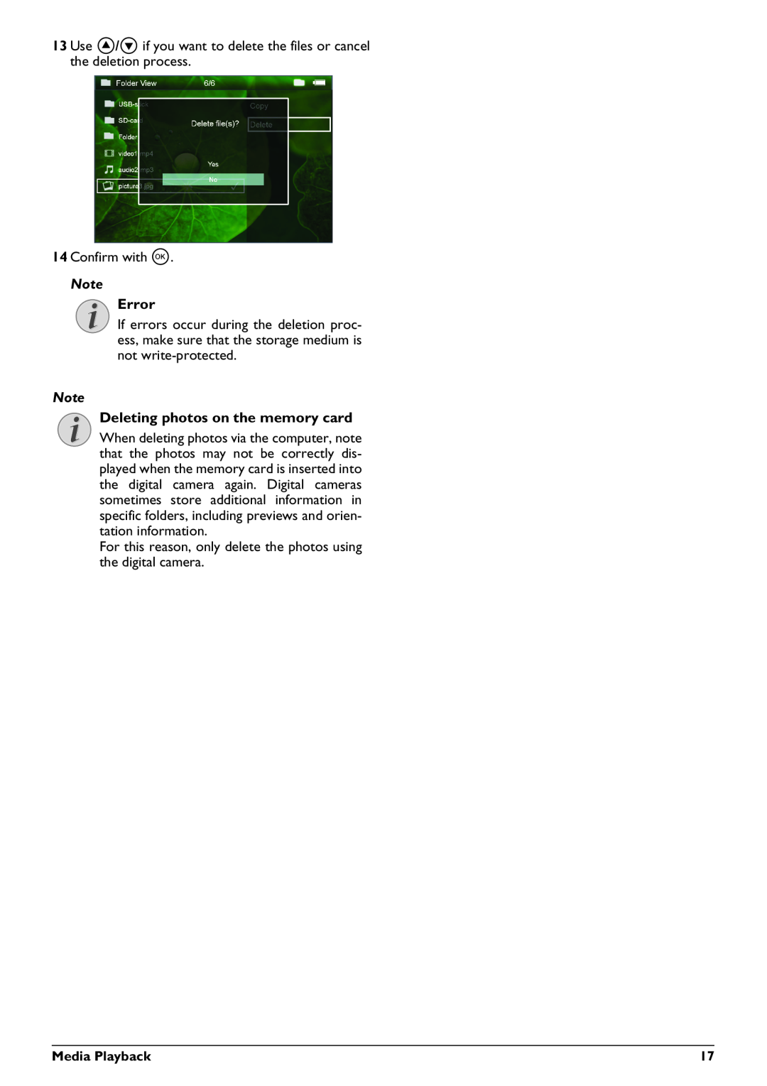 Philips PPX2230, PPX2330 user manual Error, Deleting photos on the memory card, Media Playback 