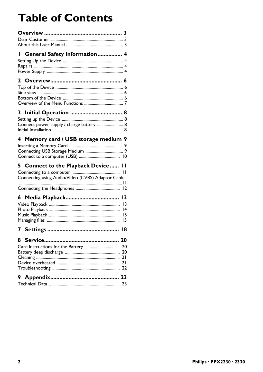 Philips PPX2330 user manual Table of Contents, Philips · PPX2230 · 