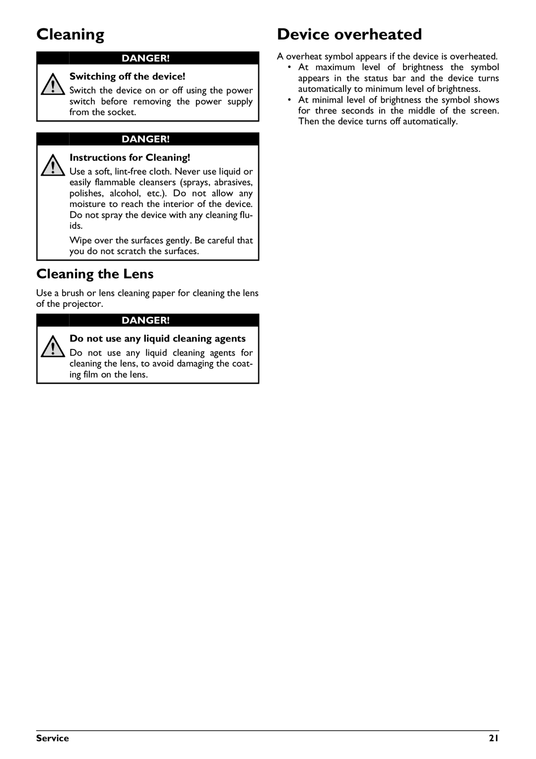 Philips PPX2230 Device overheated, Cleaning the Lens, Switching off the device, Instructions for Cleaning, Danger 