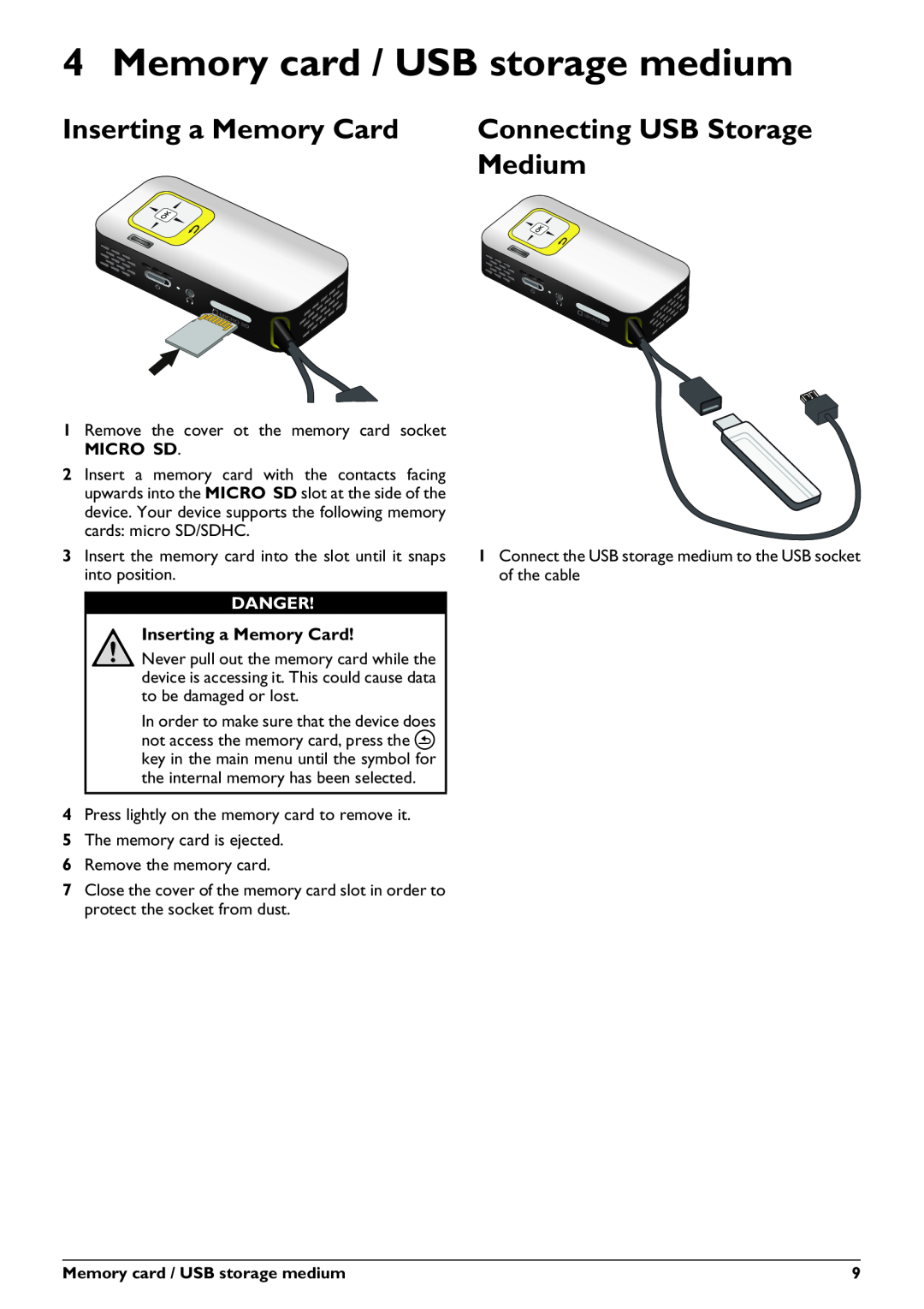 Philips PPX2230, PPX2330 Memory card / USB storage medium, Inserting a Memory Card, Connecting USB Storage, Medium, Danger 