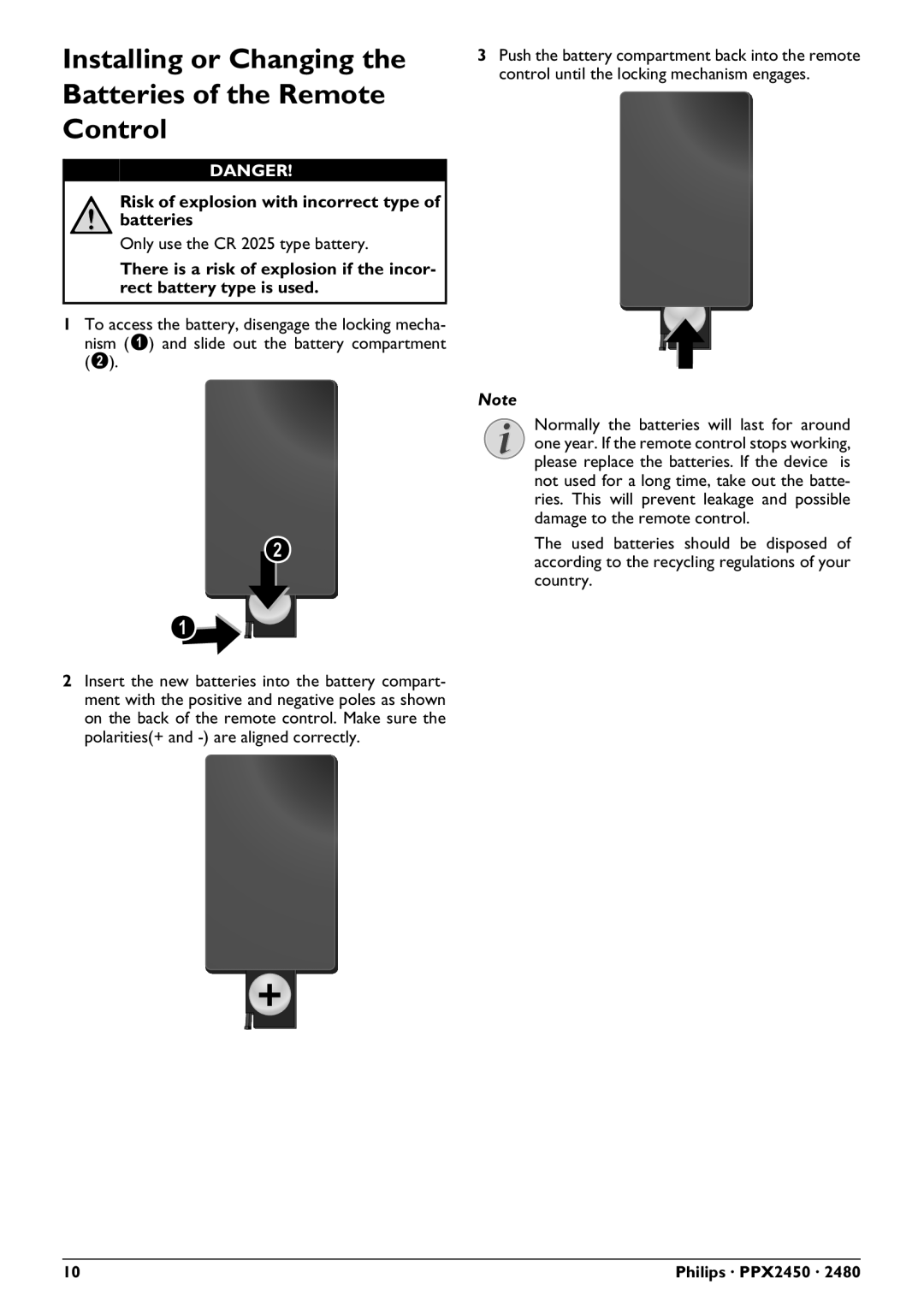 Philips PPX2450 user manual Installing or Changing the Batteries of the Remote Control 