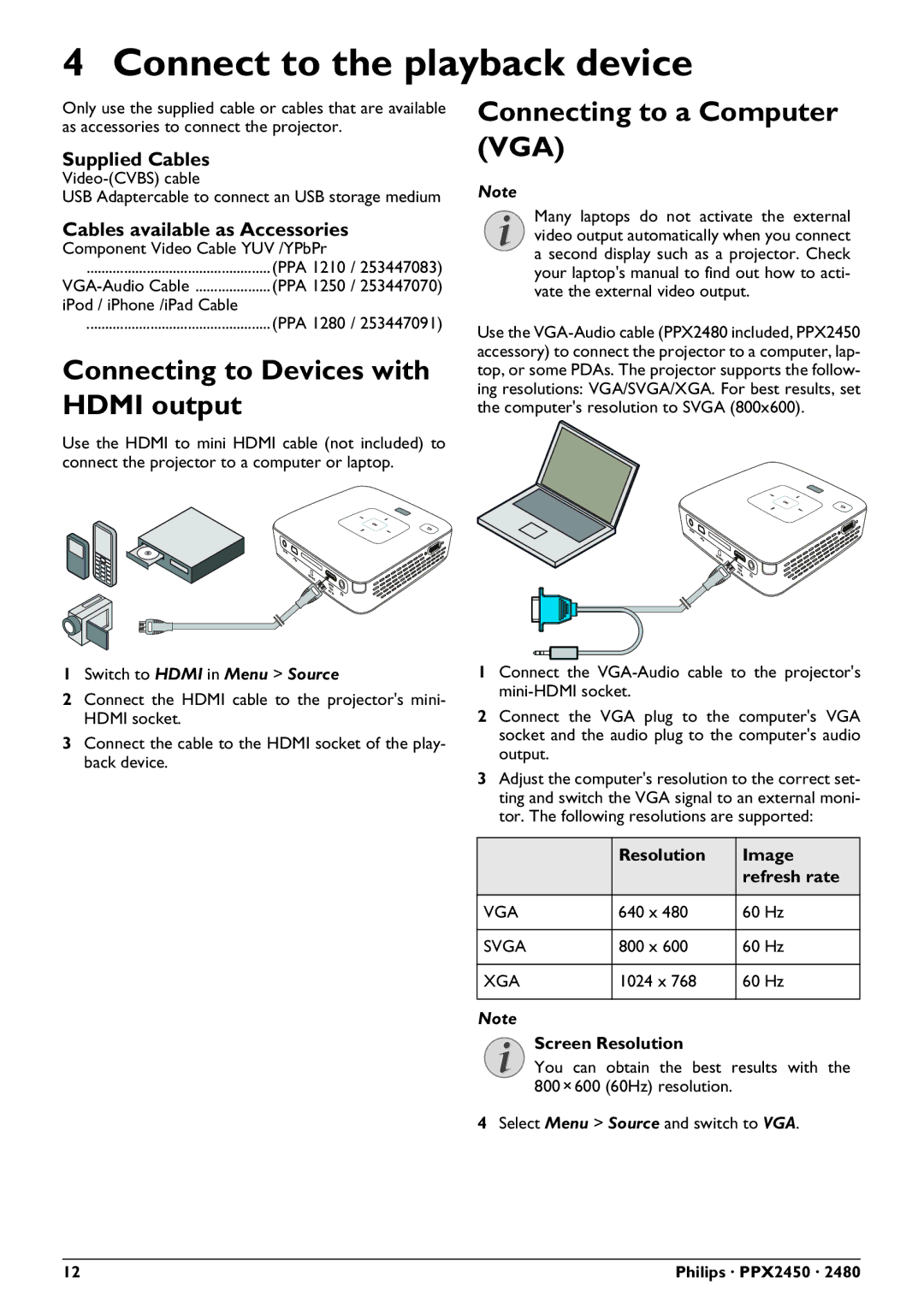 Philips PPX2450 Connect to the playback device, Connecting to a Computer, Connecting to Devices with Hdmi output 