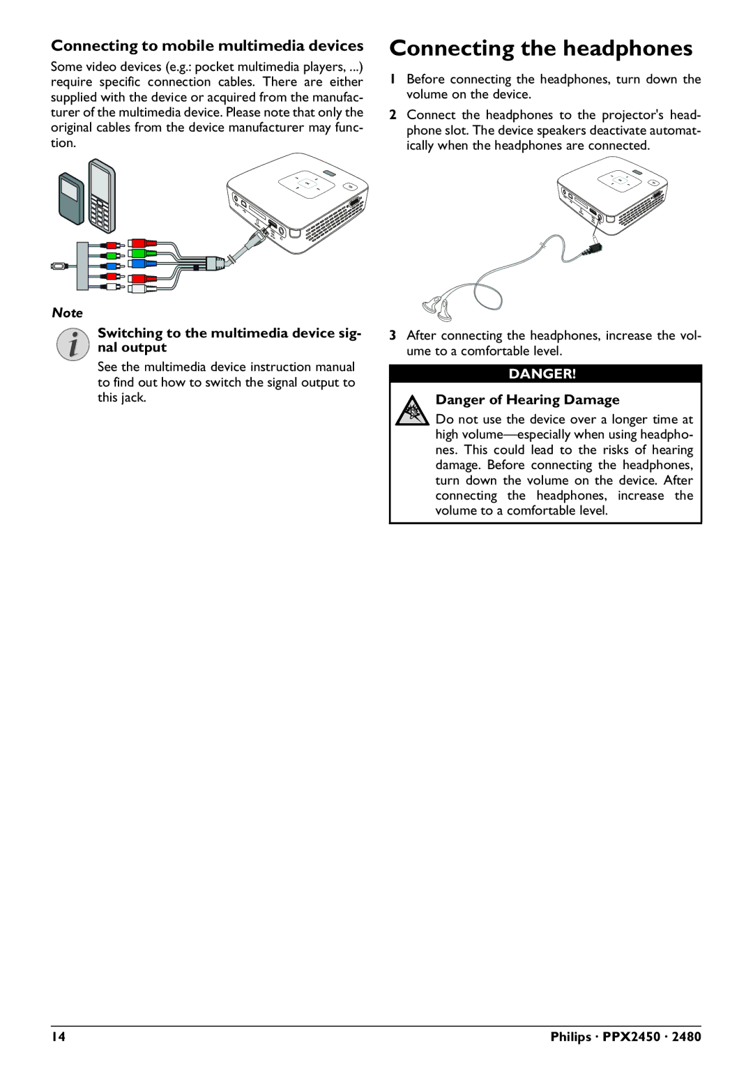 Philips PPX2450 user manual Connecting the headphones 